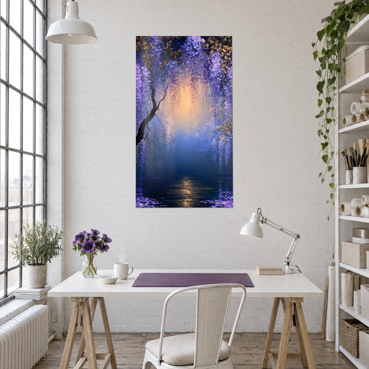 Schilderij bloeiend priëel in lavendel en indigo, diffuus zonsondergangslicht, ebbenhouten stam, tegenover een witte loftbureau