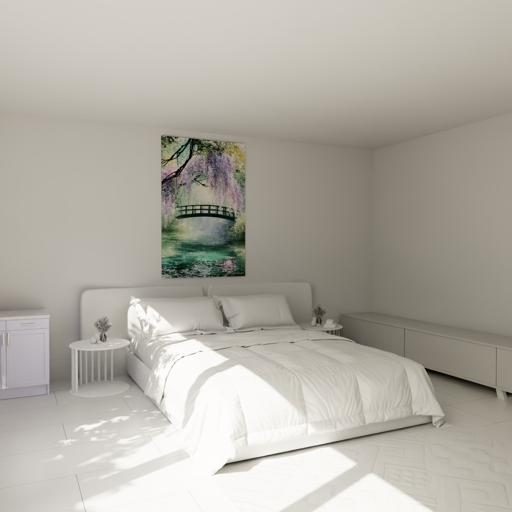 Glycine mauve et pont vert peints en aquarelle, accrochés au-dessus d'un lit dans une chambre claire
