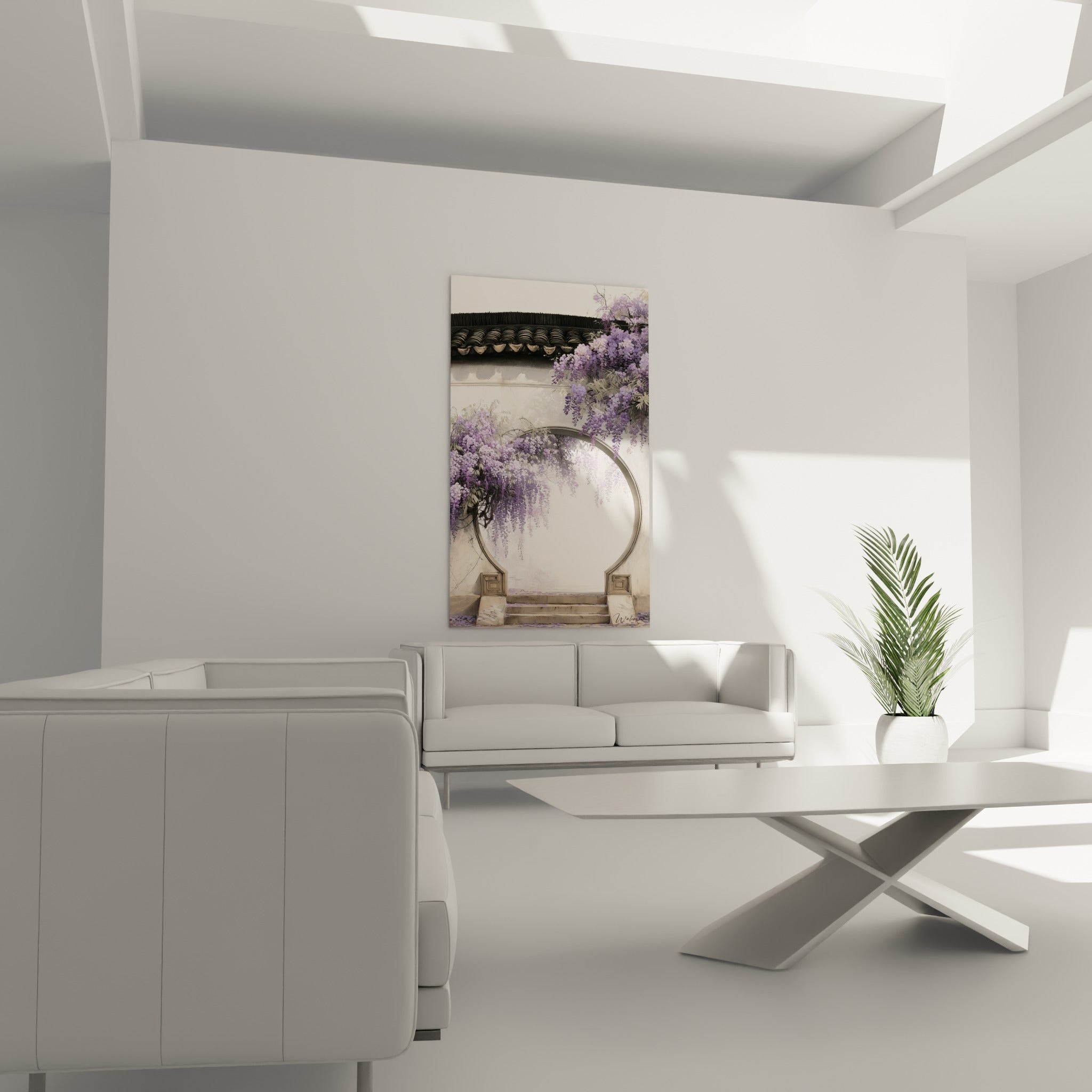 Fleurs de glycine mauve pastel encadrant un portail circulaire au-dessus d'un canapé dans un salon lumineux