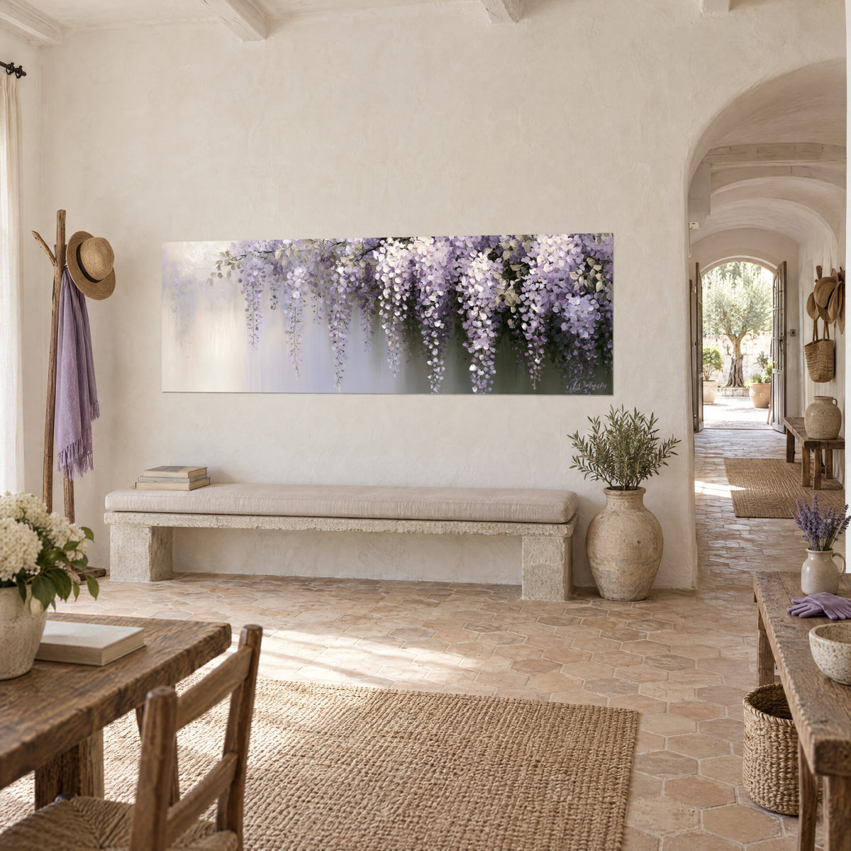Wall art cascade of lilac and cream flowers spilling over a pearl background, pale stone wall of a vaulted corridor in a Provençal farmhouse