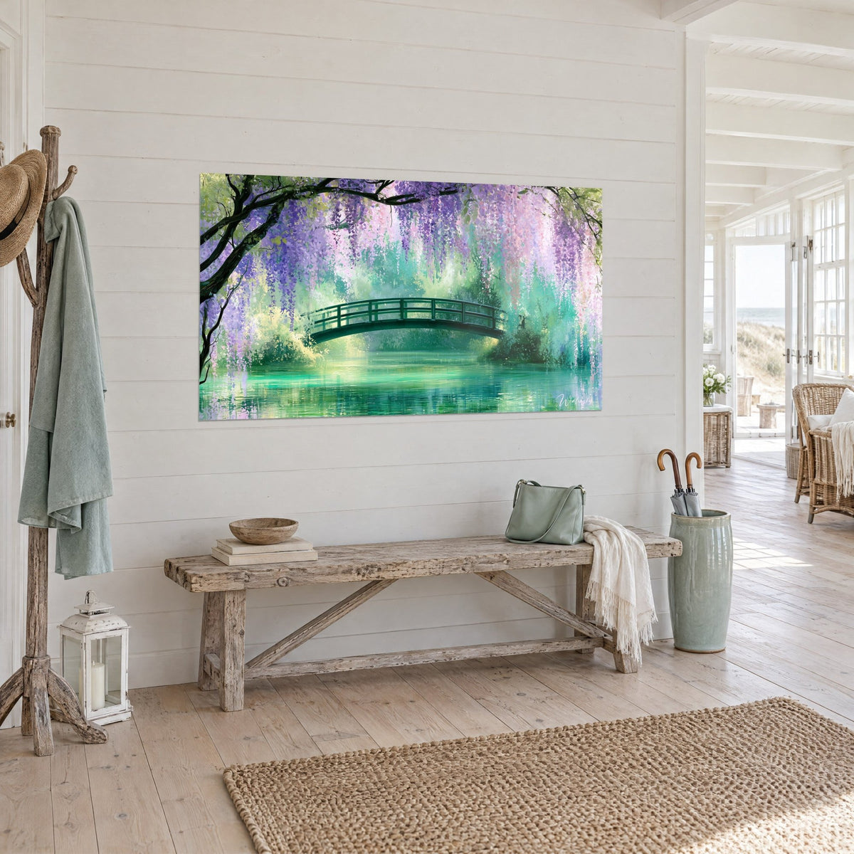 Wall art arched garden bridge beneath cascades of purple flowers, emerald water and a dark branch, in a seaside house