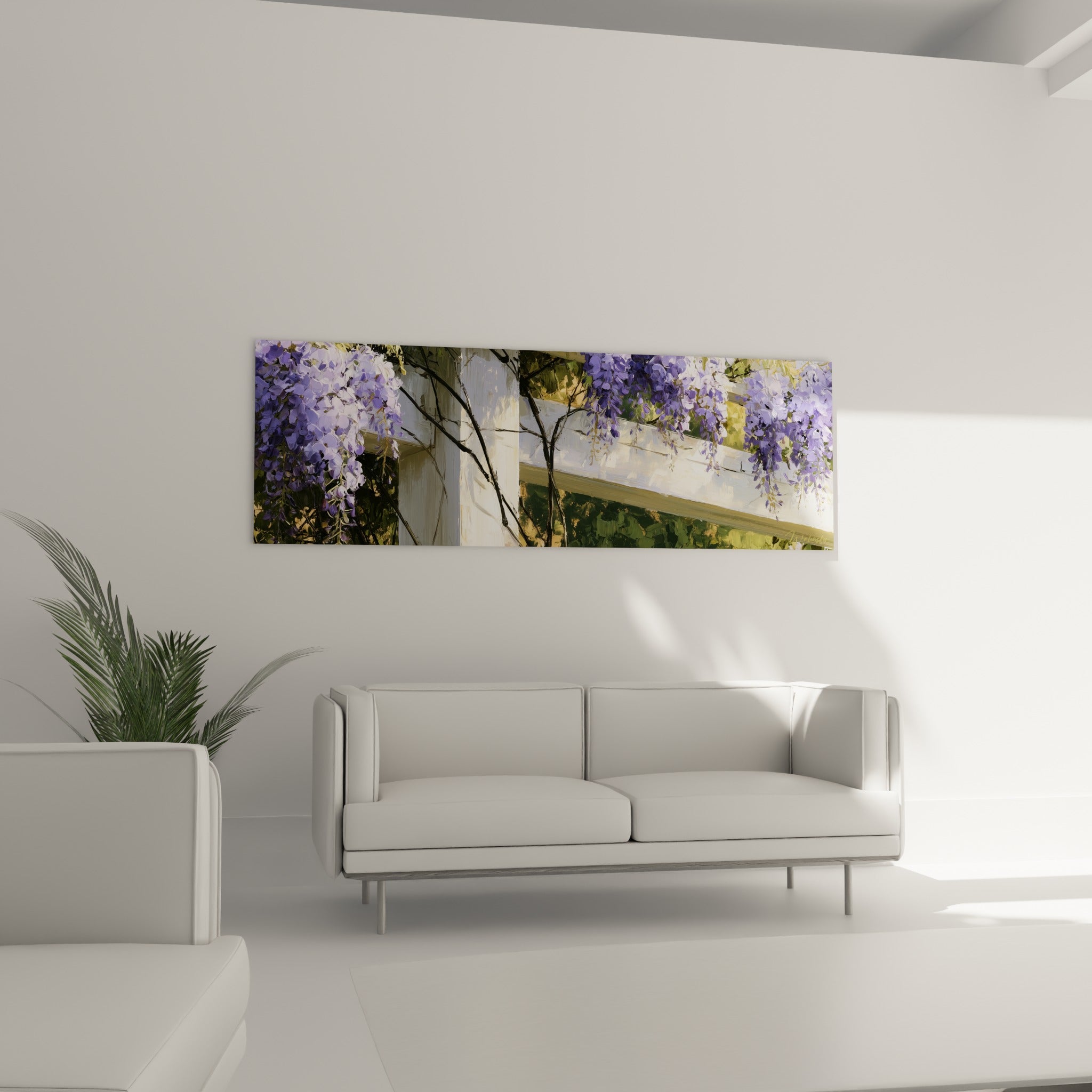 Fleurs de glycine mauve tombant d'une pergola blanche, au-dessus d'un canapé dans un salon lumineux