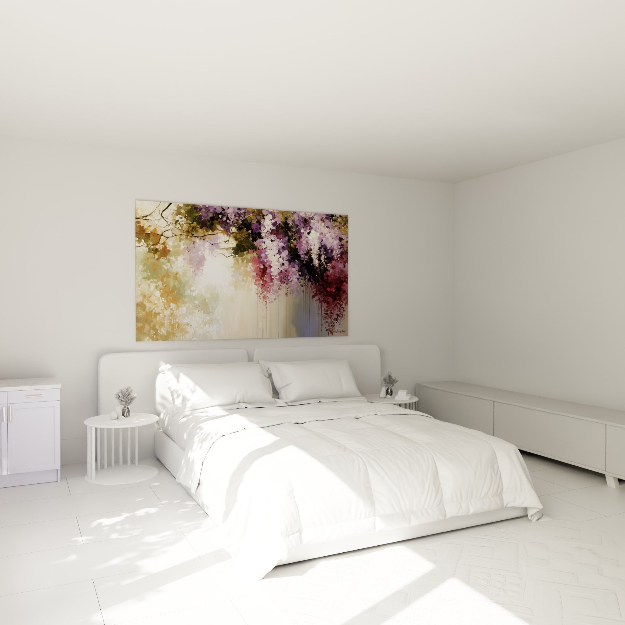 Fleurs de glycine mauve et blanche accrochées au-dessus d'un lit dans une chambre claire