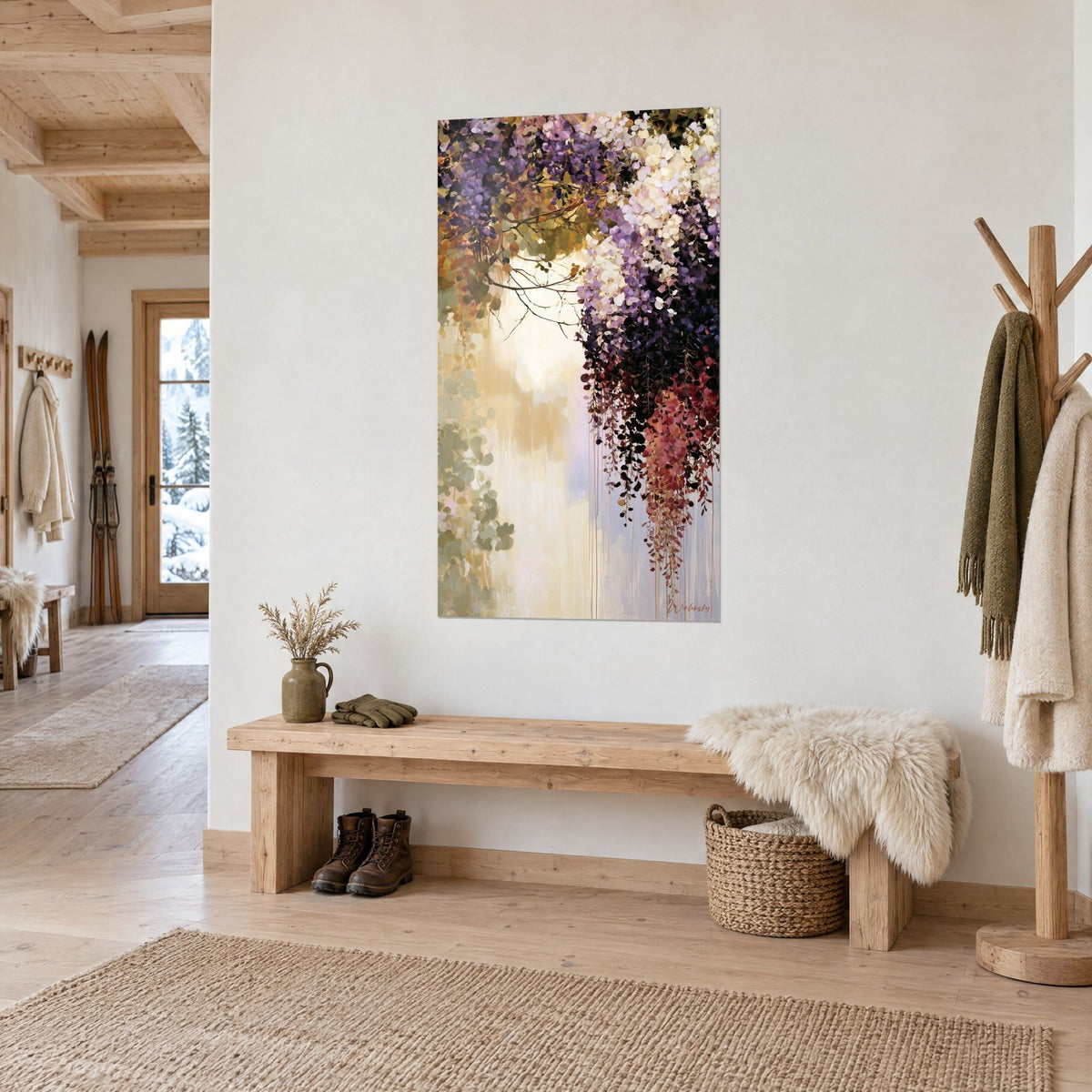Wall art mauve and burgundy wisteria blossoms with golden drips, on a white wall beside a wooden bench, chalet