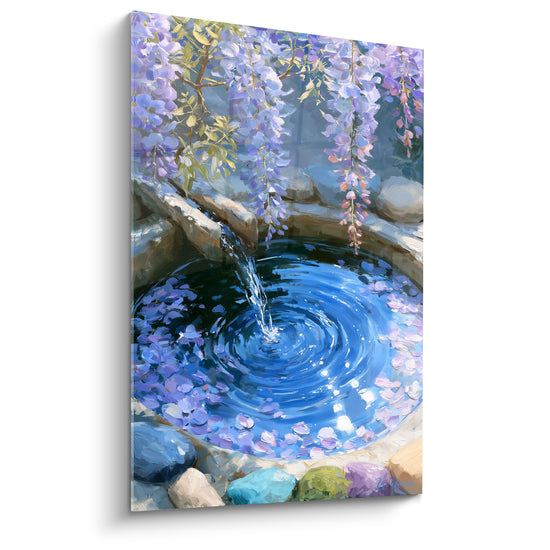 Tableau Fontaine bassin bleu et mauve pétales - Instant de quiétude - Edition Glycine