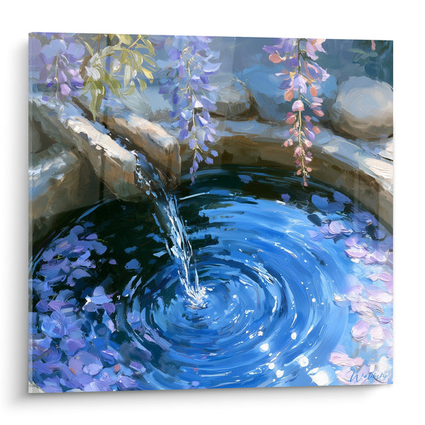 Tableau Fontaine bleu et mauve aux pétales flottants - Chuchotement de source - Edition Glycine