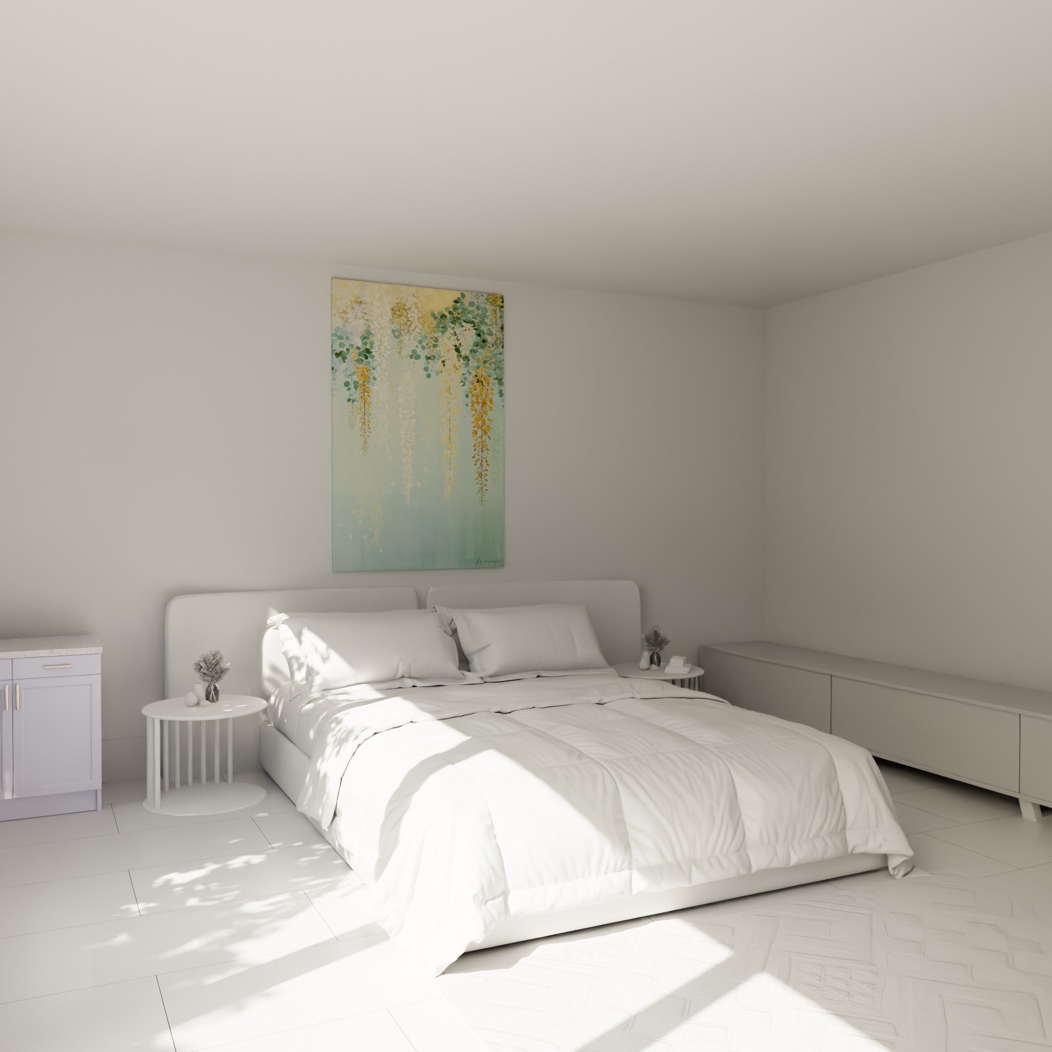 Grappes de glycine dorée et vert sauge suspendues au-dessus d'un lit dans une chambre claire