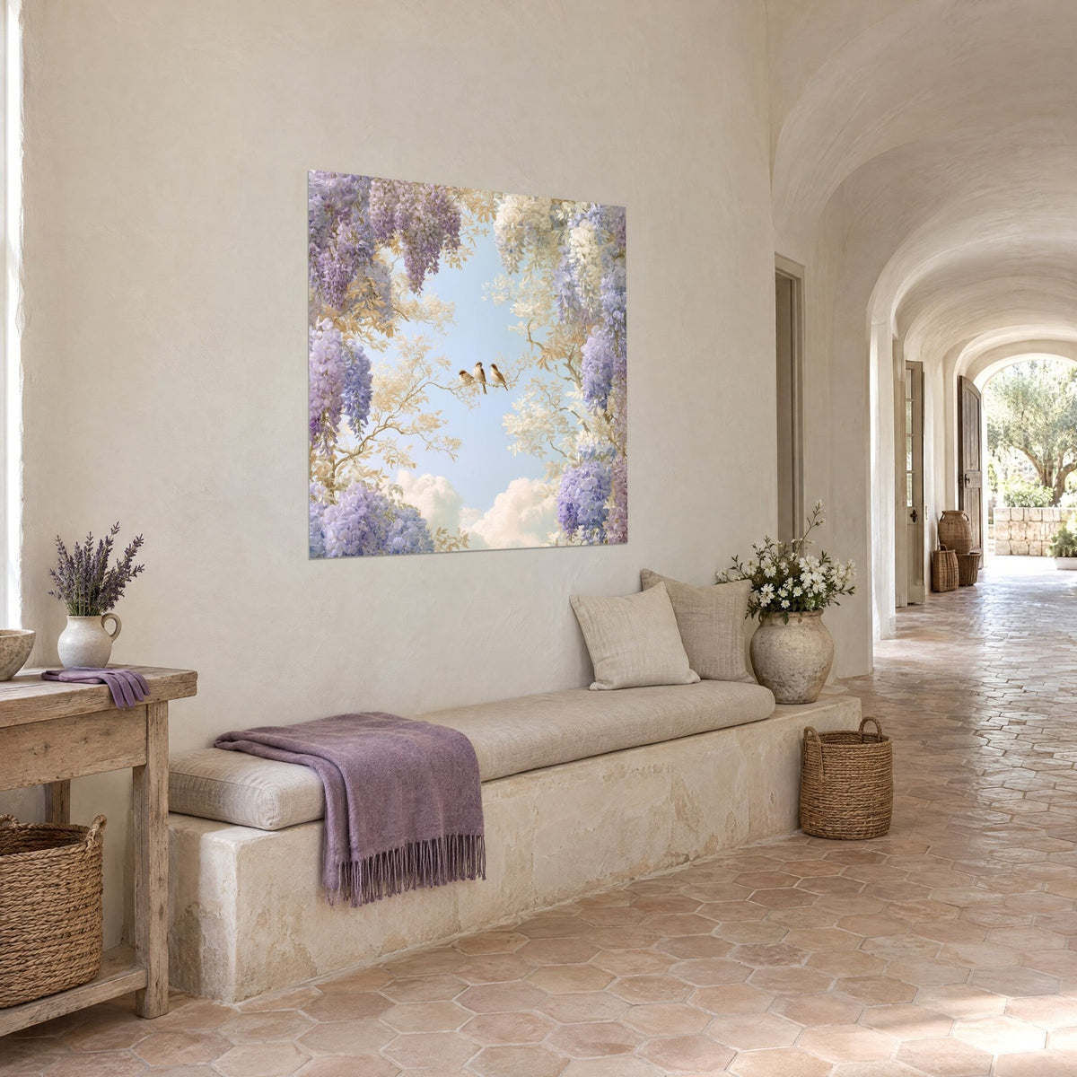 Wall art arched canopy of lilac and cream wisteria framing an azure sky, golden branches, above a stone bench in a vaulted corridor