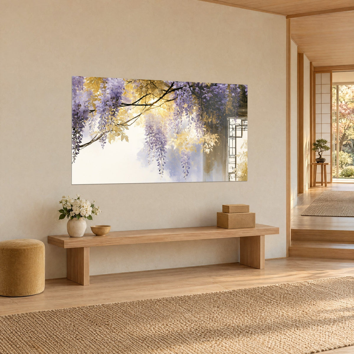 Wall art wisteria branch with drooping lilac flowers and golden yellow foliage, subtle black stained glass, light wood bench