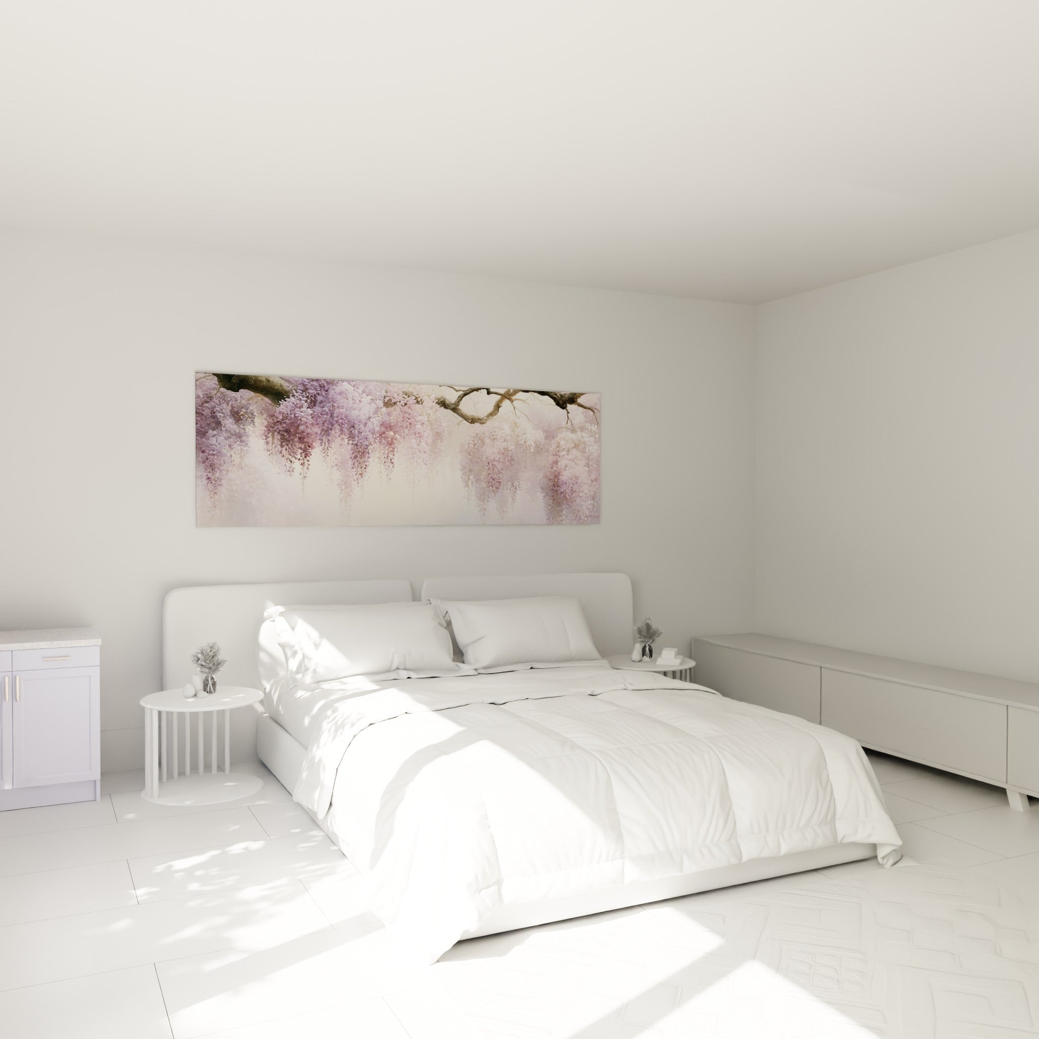 Grappes de glycine mauve et rose pâle déployées au-dessus d'un lit dans une chambre claire