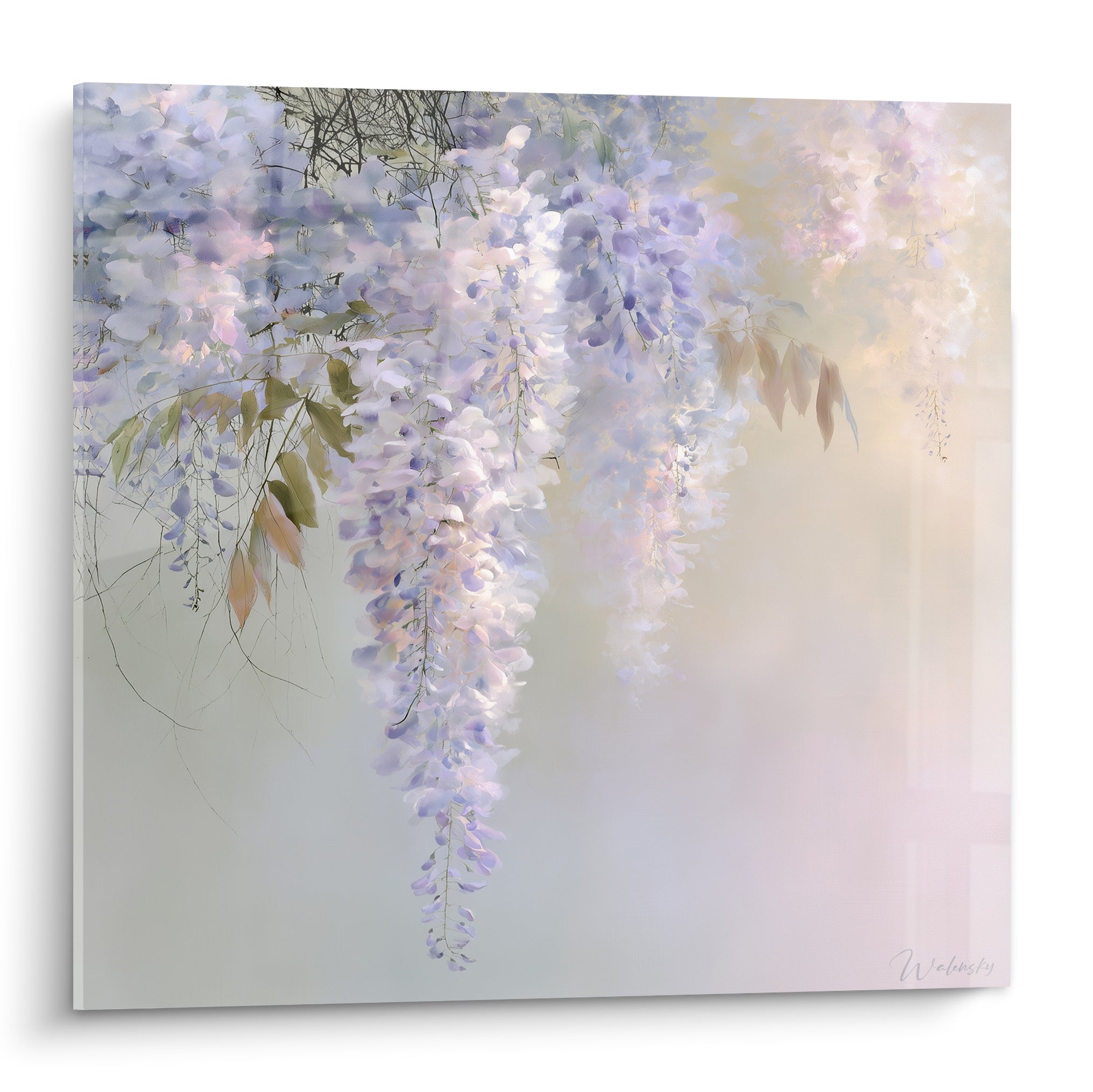 Glycine mauve et blanche en grappes tombantes sur fond lumineux ocre et beige, style aquarelle