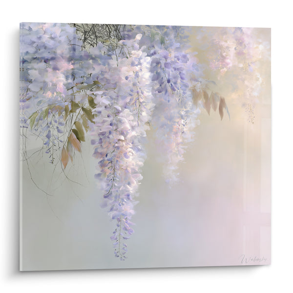 Tableau Grappes lilas et blanches sur brume dorée - Feuilles cuivrées éparses - Edition Glycine