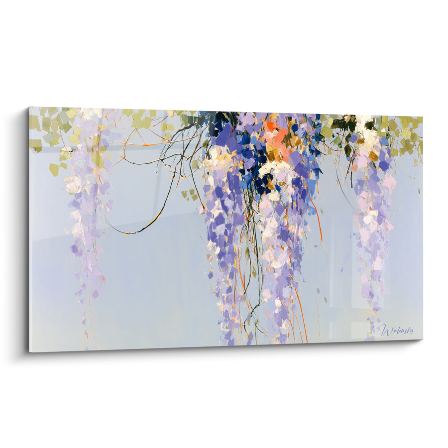 Tableau Grappes mauves et bleu marine aux touches corail - Fond gris perle uni - Edition Glycine