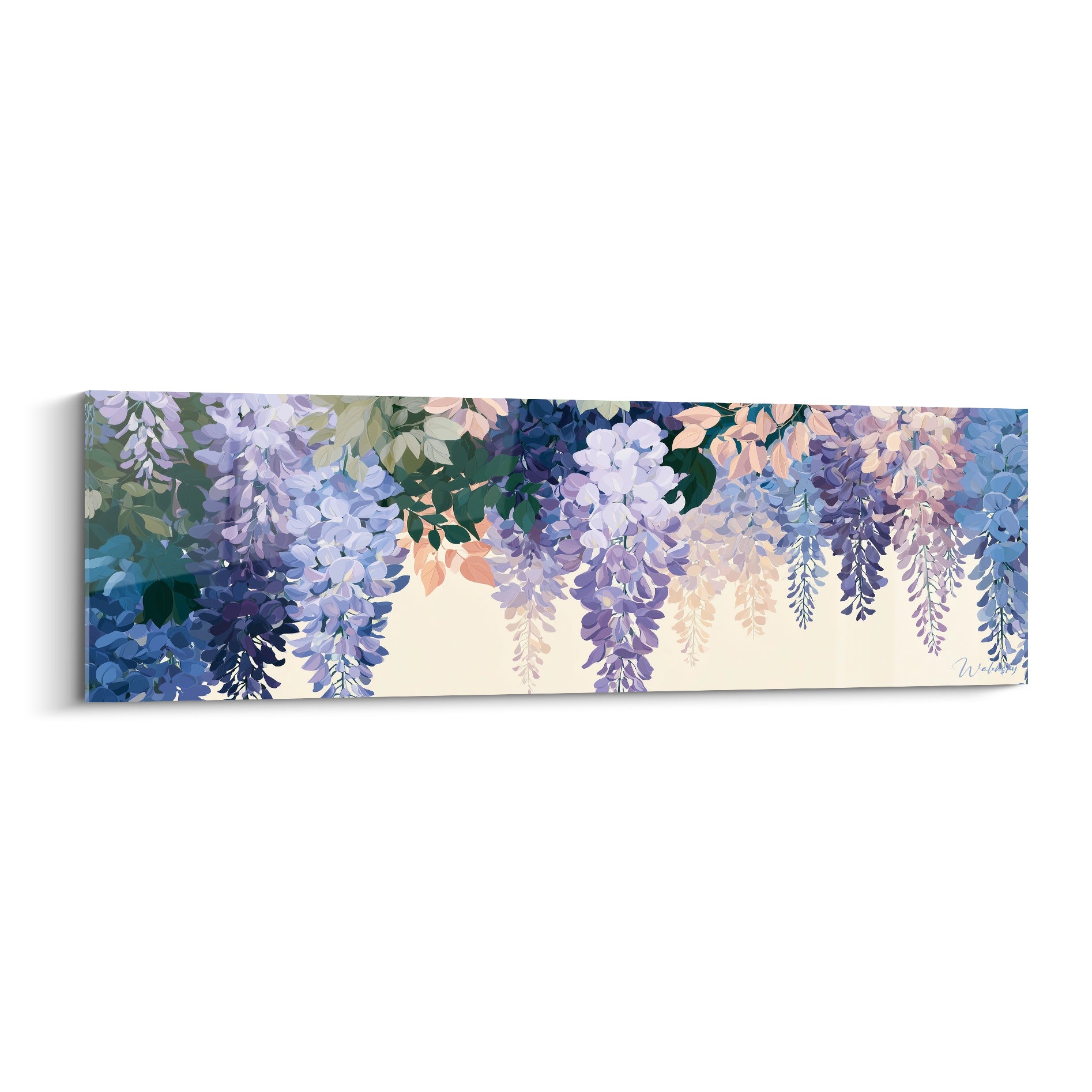 Glycine aux grappes mauves et bleu marine tombantes, feuillage vert et pêche sur fond ivoire