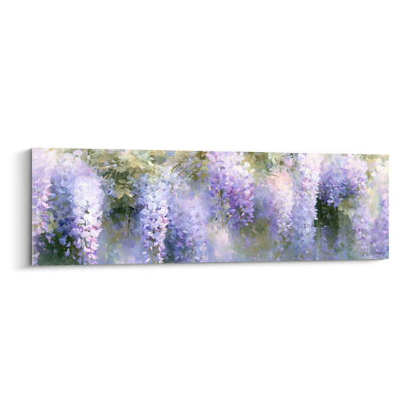 Tableau Grappes mauves et blanches en rideau serré - Panorama floral étiré - Edition Glycine