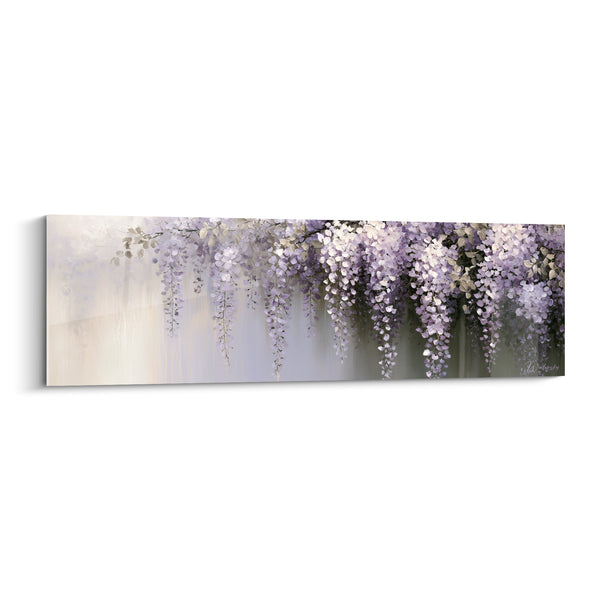 Tableau Grappes mauves et blanches sur fond gris perle - Panoramique horizontal étiré - Edition Glycine