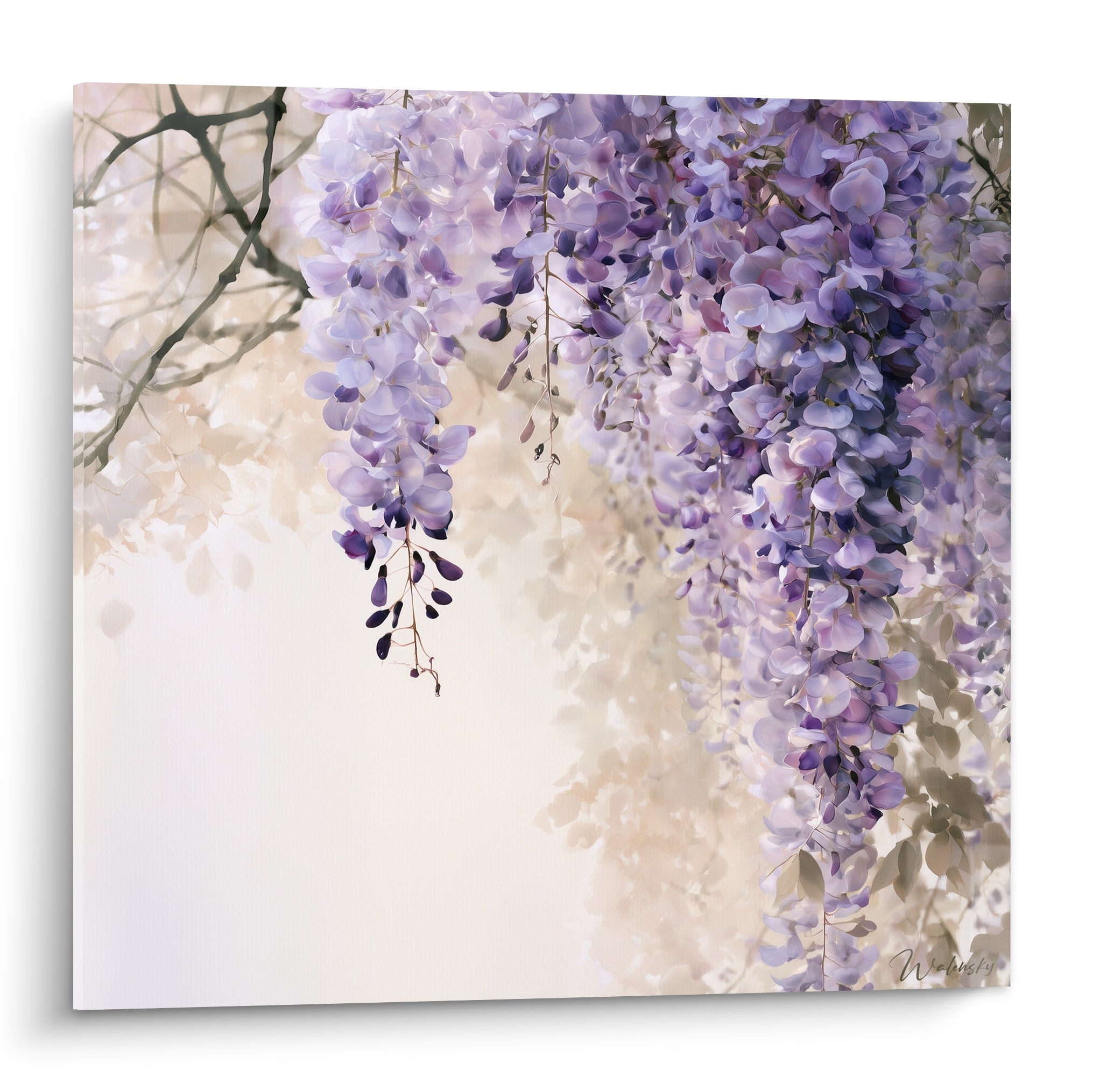Glycine mauve et lilas en grappes suspendues, fond ivoire flouté, style aquarelle délicat