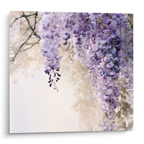 Glycine mauve et lilas en grappes suspendues, fond ivoire flouté, style aquarelle délicat