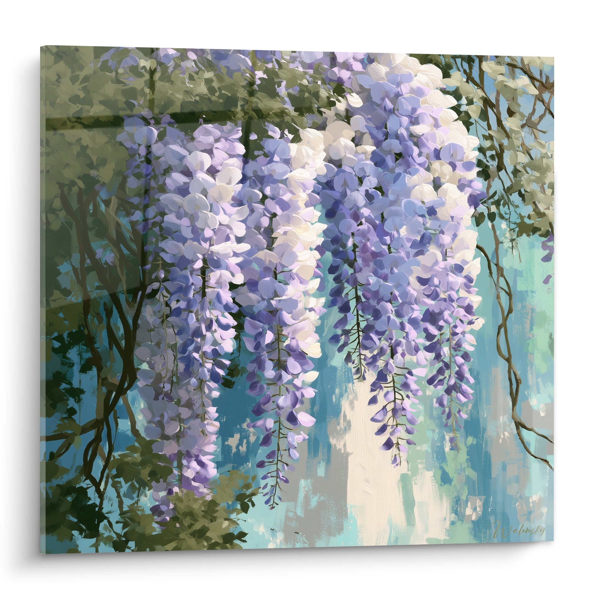Glycine mauve et blanche en grappes suspendues, fond turquoise, style aquarelle raffiné