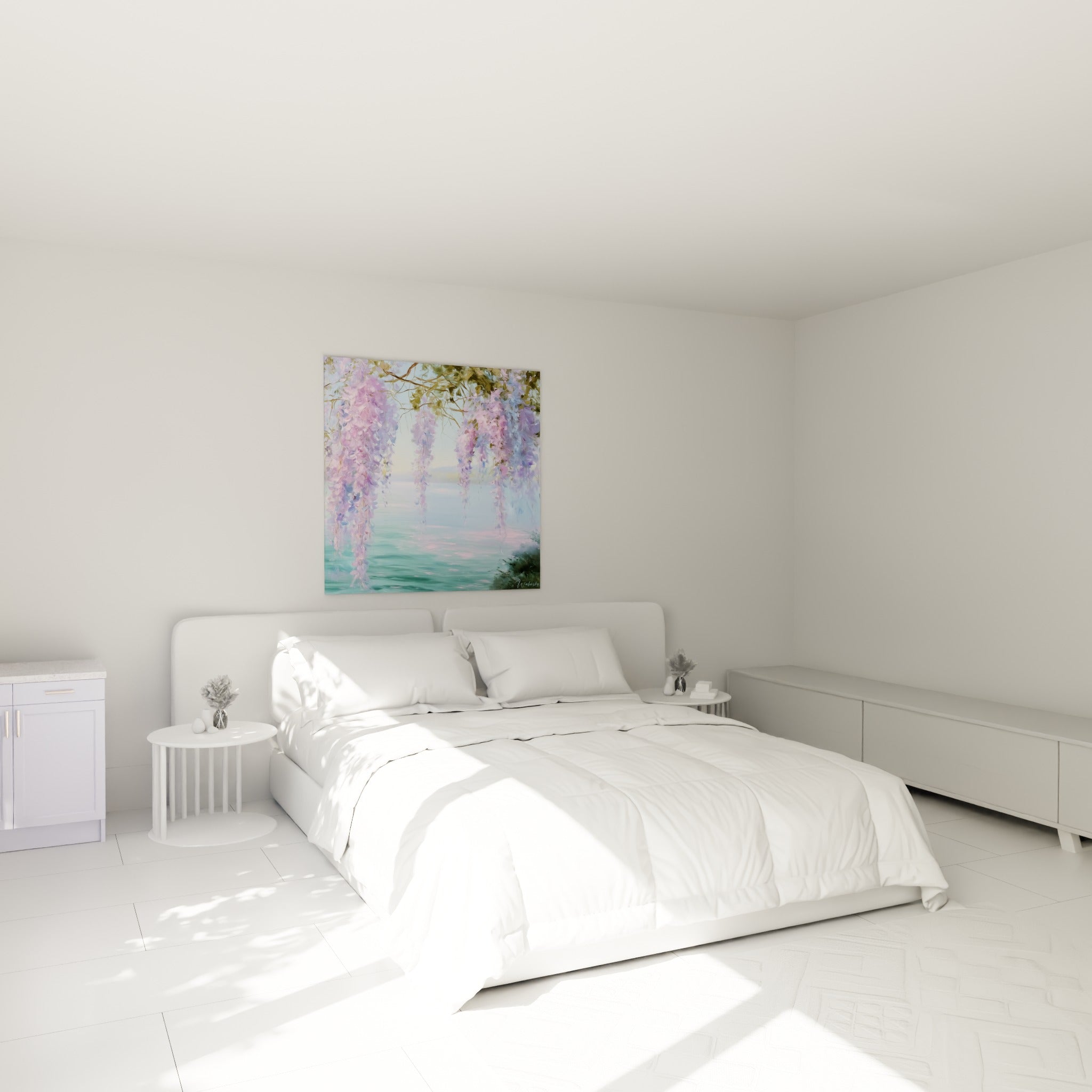 Grappes de glycine rose et bleutée déployées au-dessus d'un lit dans une chambre claire