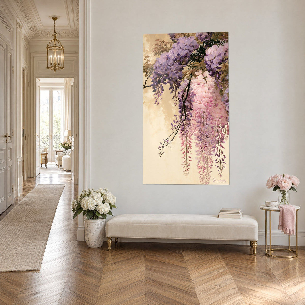 Wall art clusters of lilac and pale pink flowers hanging from a fine dark branch, cream background, three-quarter view in a Haussmann-style hallway