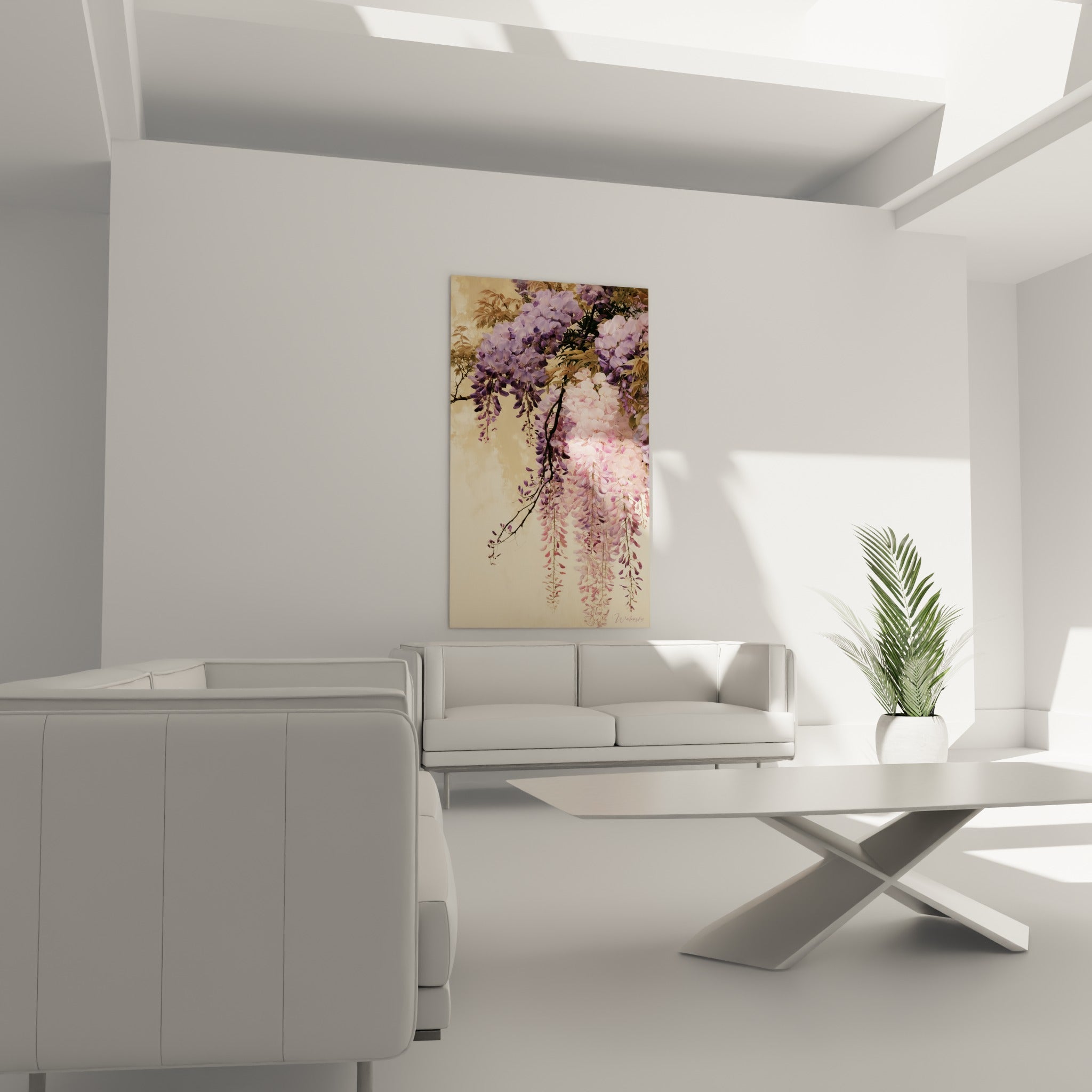 Cascade de glycine mauve et rose poudré accrochée au-dessus d'un canapé dans un salon lumineux