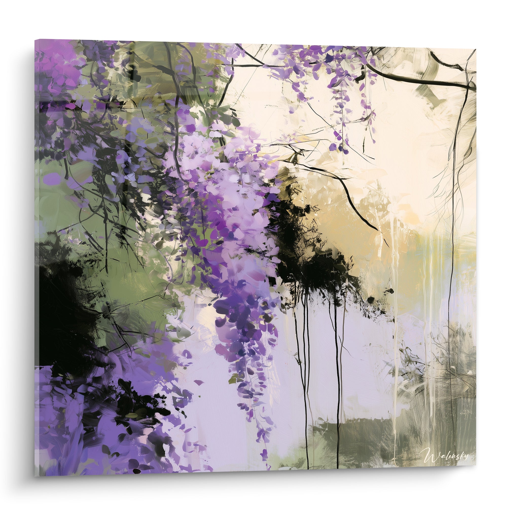 Glycine en grappes violettes et vertes, coulures noires, fond ivoire lumineux, style aquarelle