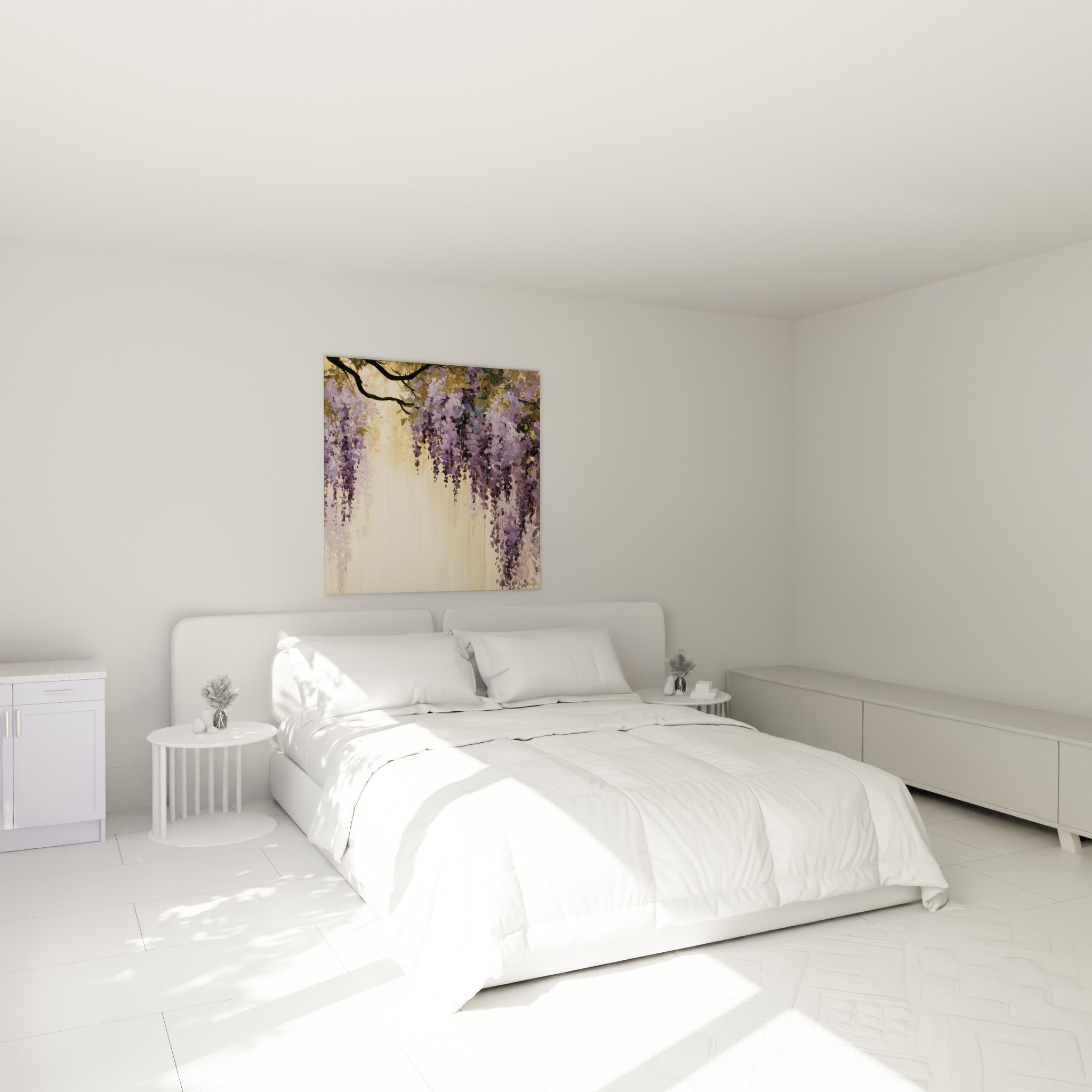 Cascades de glycine violette et mauve peintes au-dessus d'un lit dans une chambre claire
