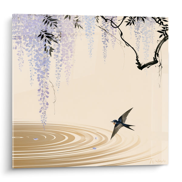 Tableau Hirondelle mauve et dorée survolant l'eau - Vol au fil de l'eau - Edition Glycine