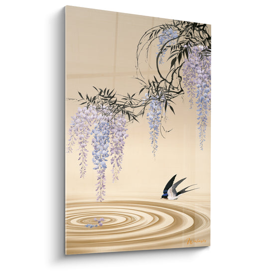 Tableau Hirondelle mauve et beige au-dessus de l'eau - Effleurement printanier - Edition Glycine