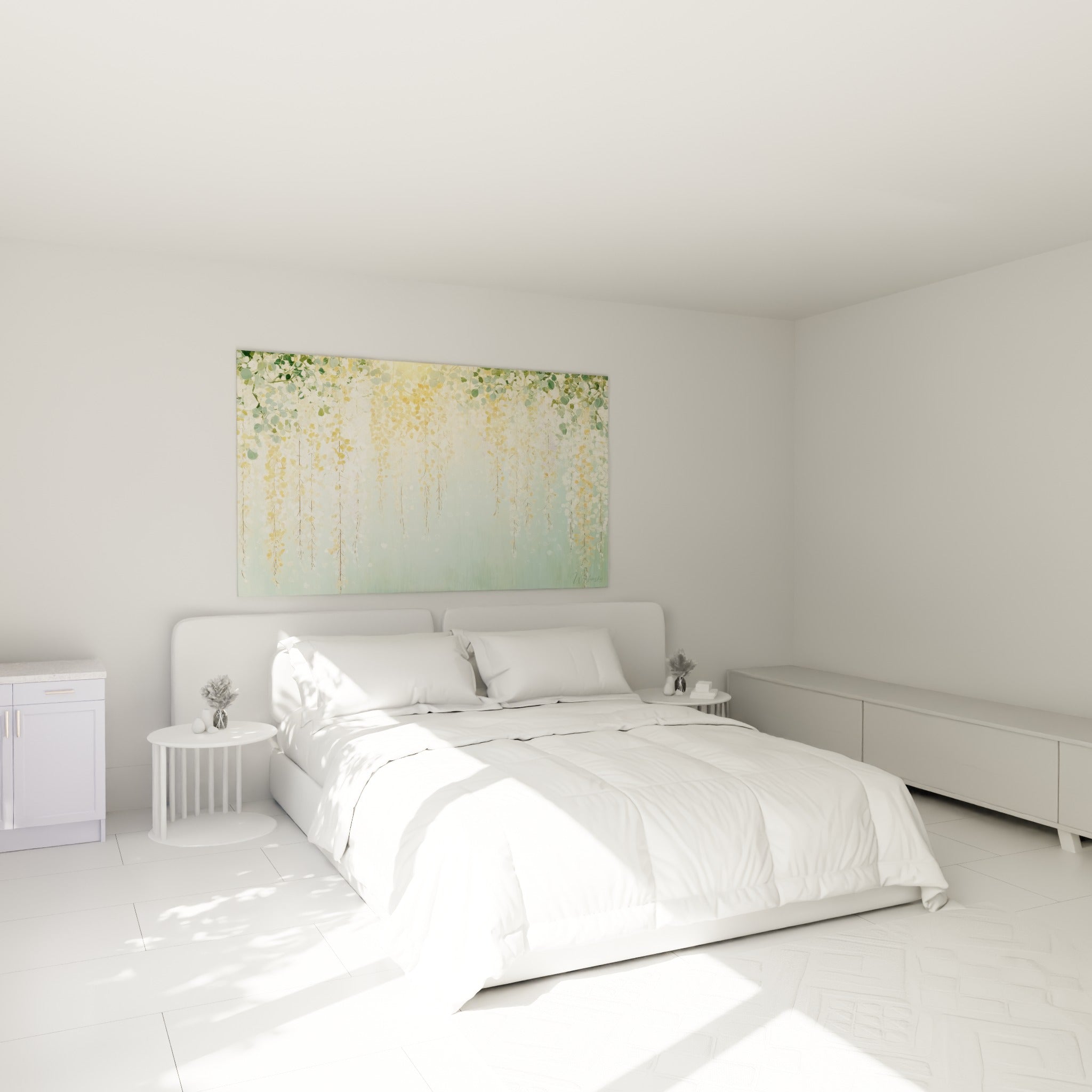Grappes de glycine dorée et blanche au-dessus d'un lit dans une chambre claire
