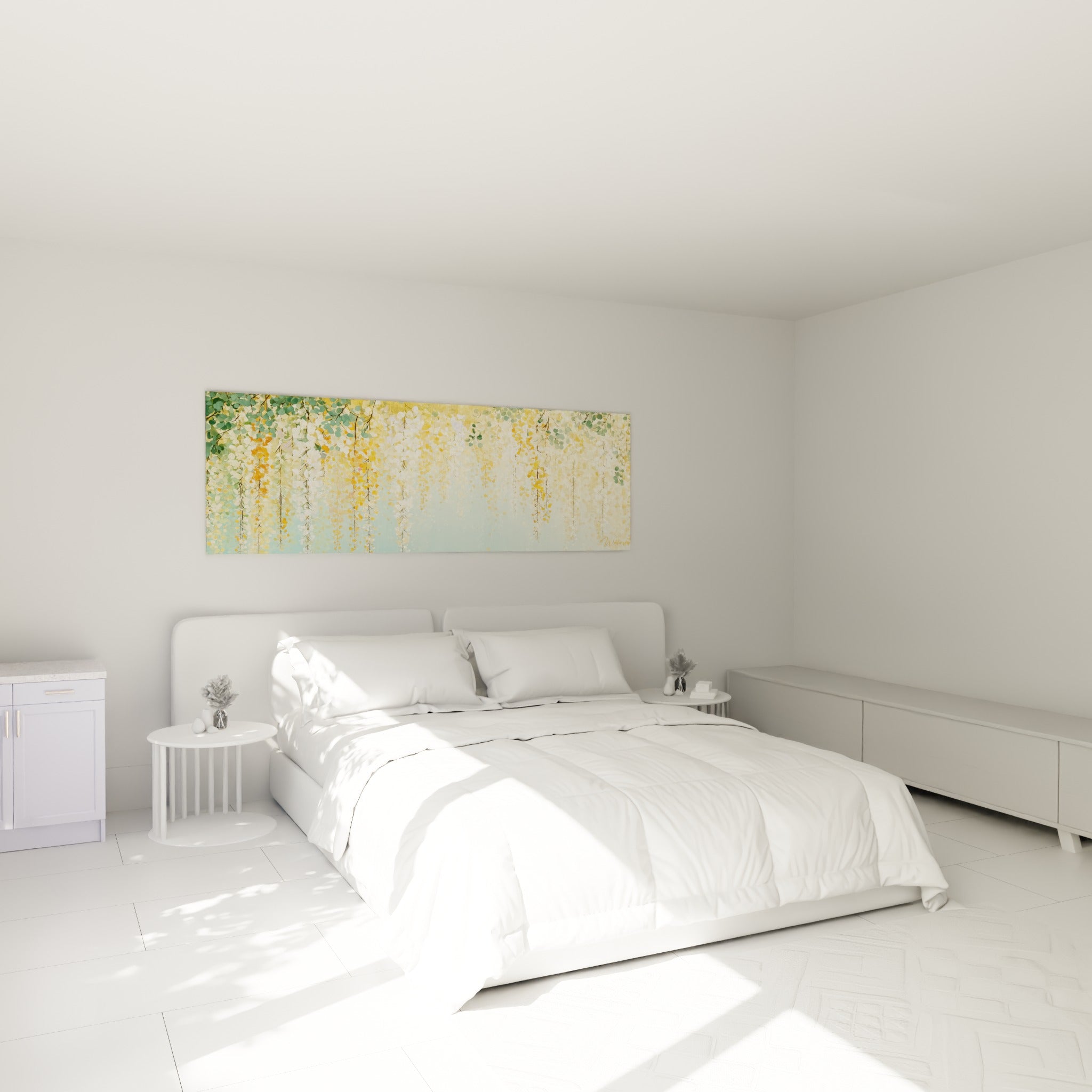 Glycine jaune ocre et blanche accrochée au-dessus d'un lit dans une chambre claire