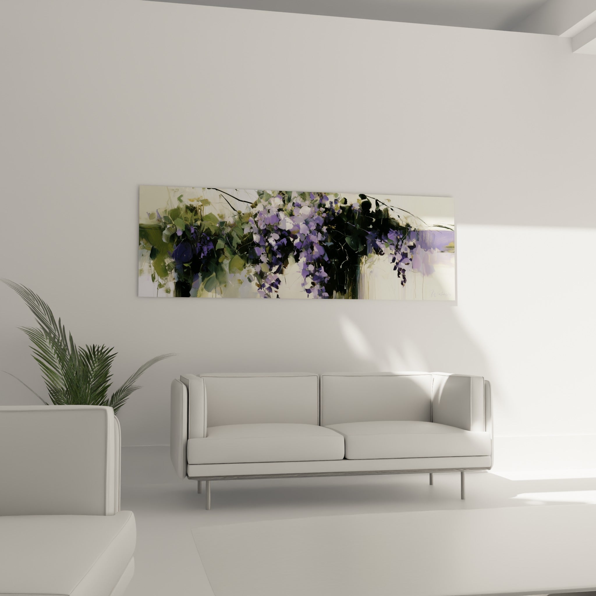 Grappes de glycine lavande et anthracite déployées au-dessus d'un canapé dans un salon lumineux