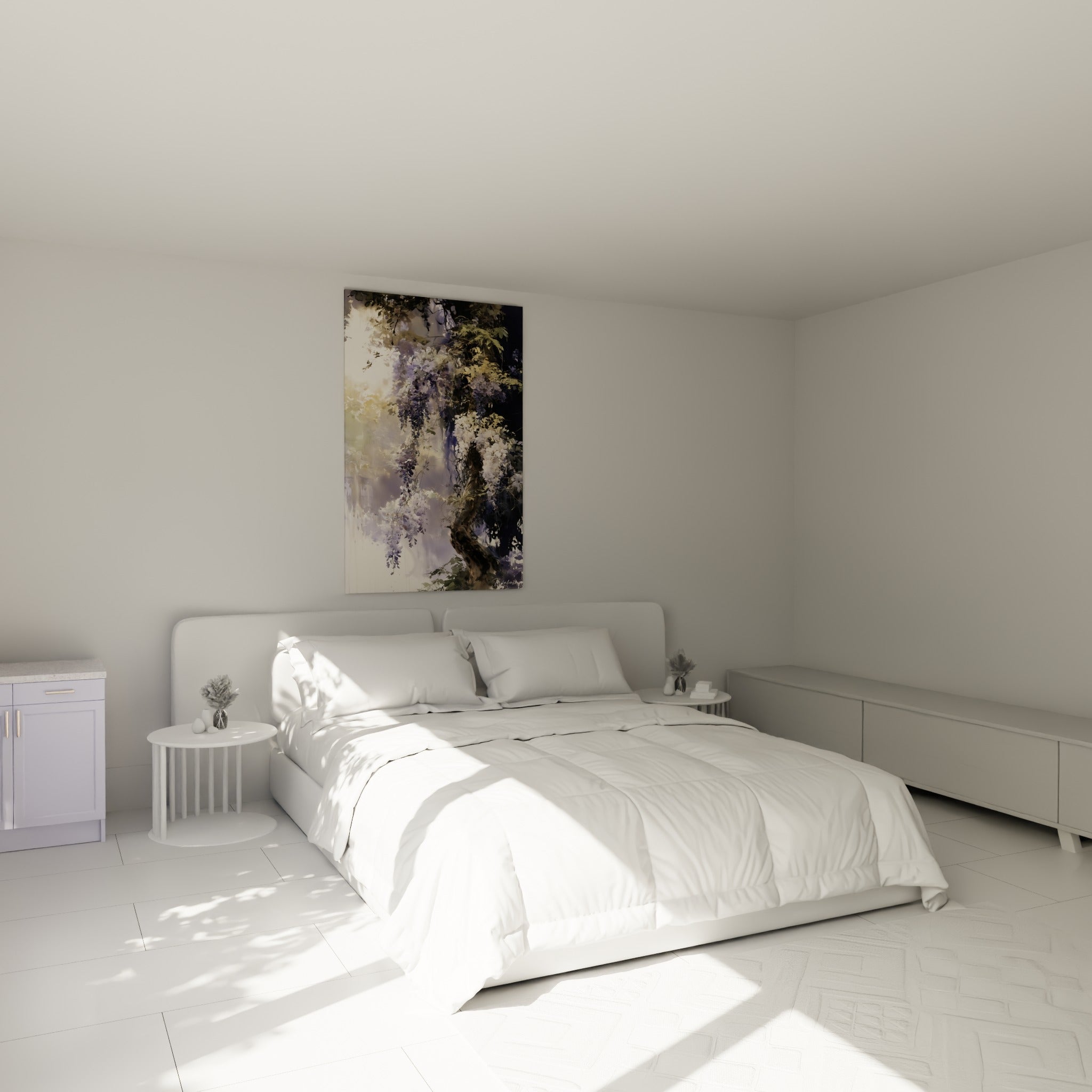 Grappes de glycine lavande et crème peintes en aquarelle, accrochées au-dessus d'un lit dans une chambre claire