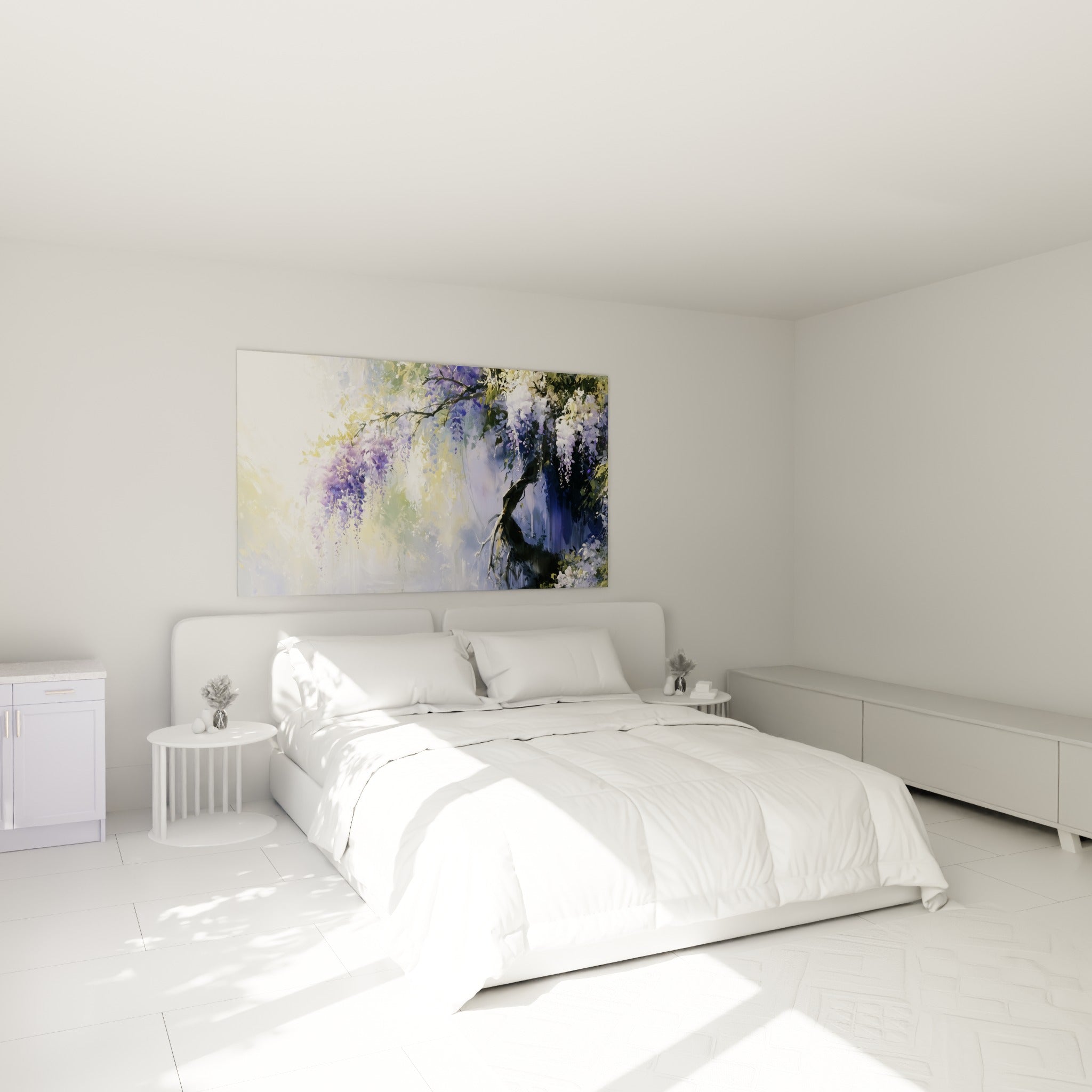 Grappes de glycine lavande et ocre suspendues, peinture florale au-dessus d'un lit dans une chambre claire