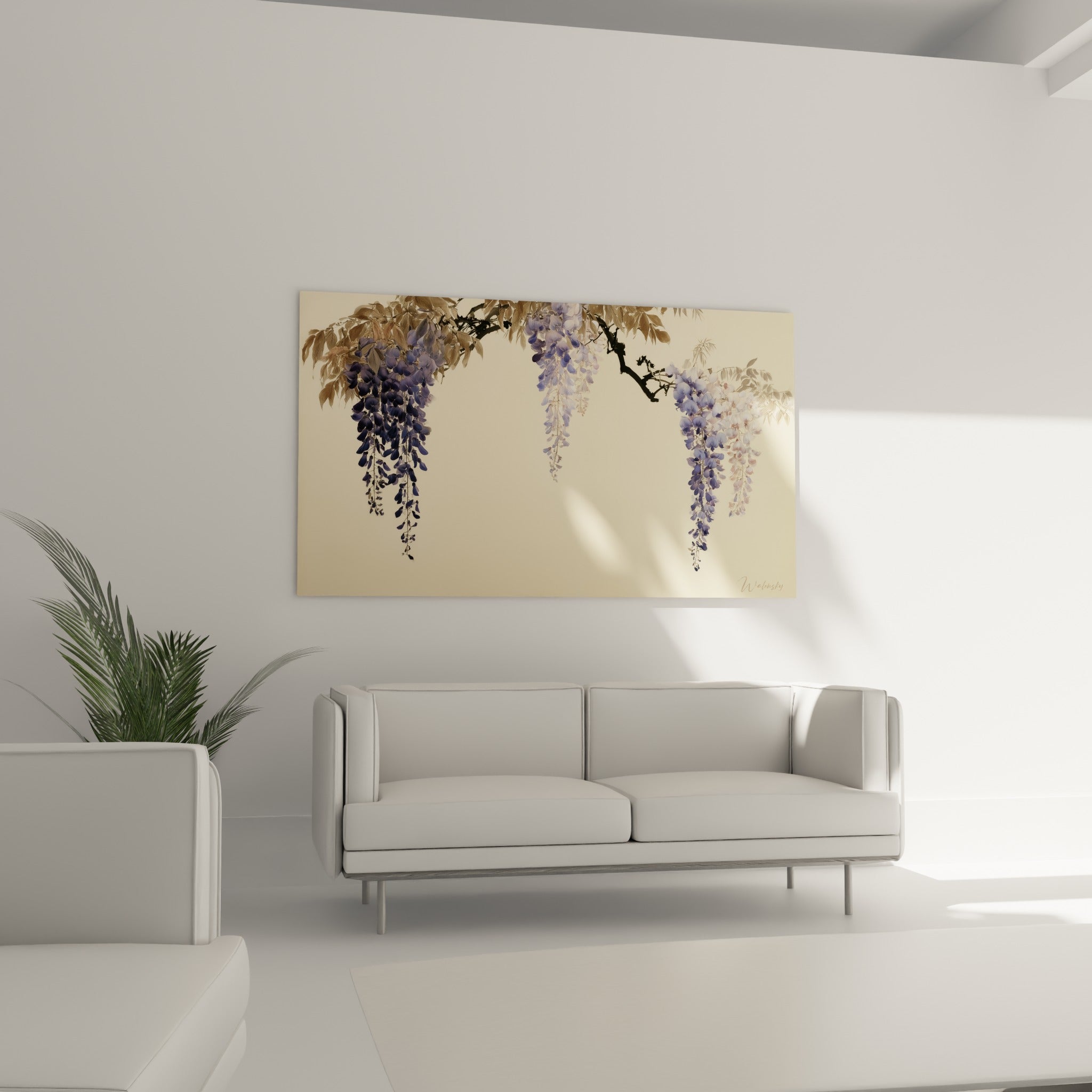 Fleurs de glycine violette et lavande en cascade, au-dessus d'un canapé dans un salon lumineux