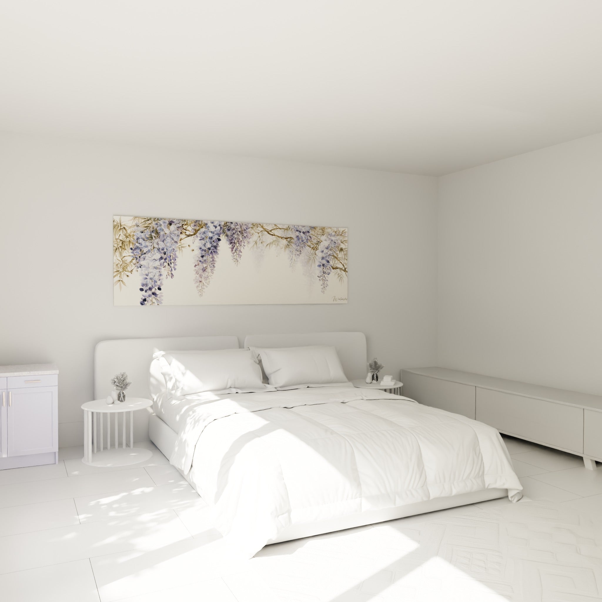 Grappes de glycine lavande et bleu pastel accrochées au-dessus d'un lit dans une chambre claire