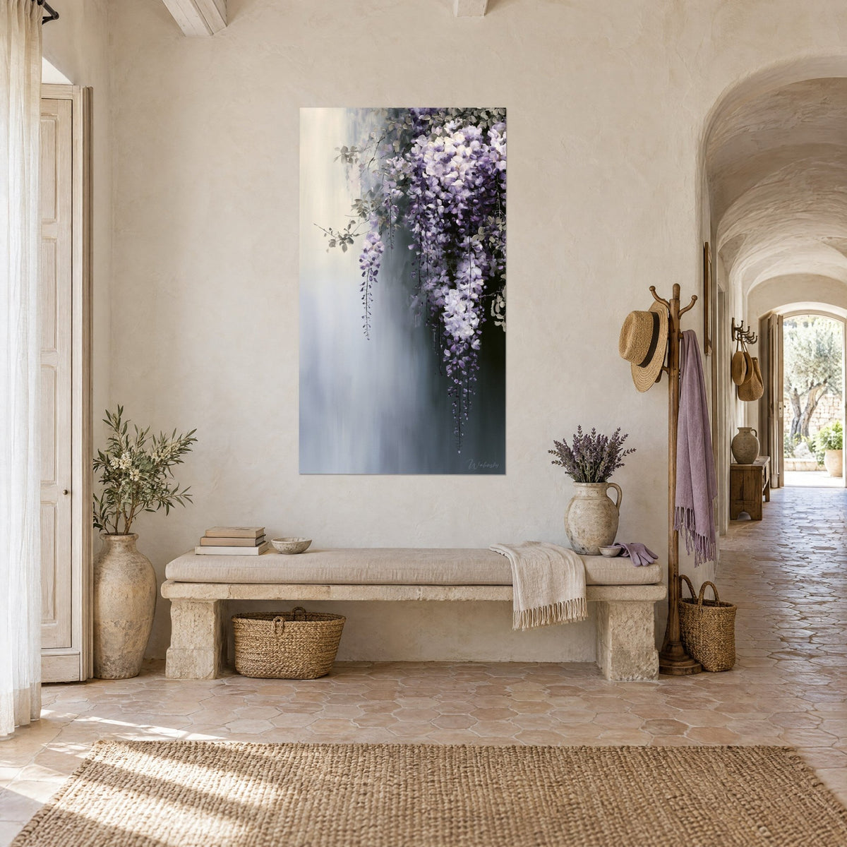 Wall art cascade of lilac and white flowers falling over a grey gradient, facing a stone bench in a vaulted corridor