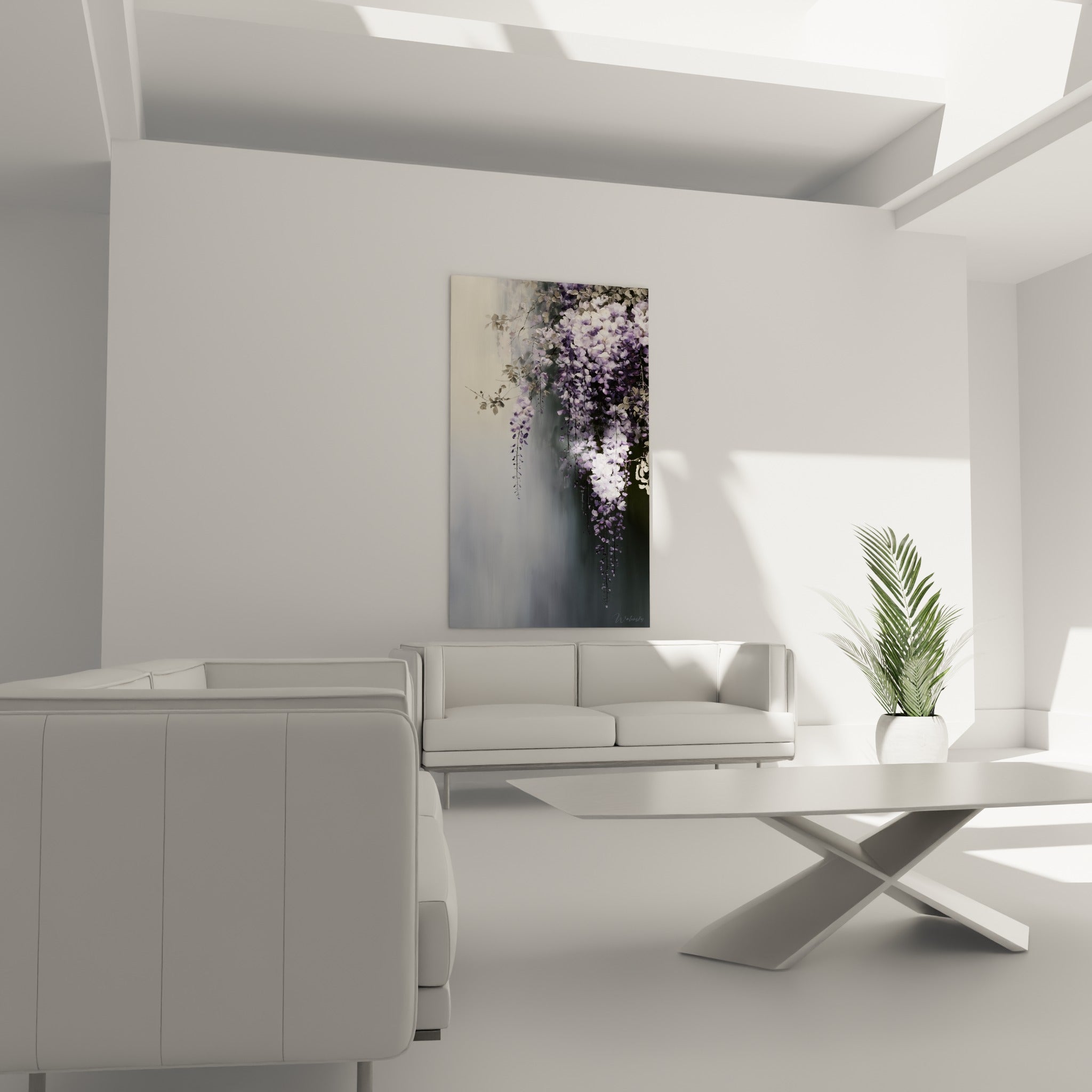 Fleurs de glycine lavande et gris perle suspendues, disposées au-dessus d'un canapé dans un salon lumineux