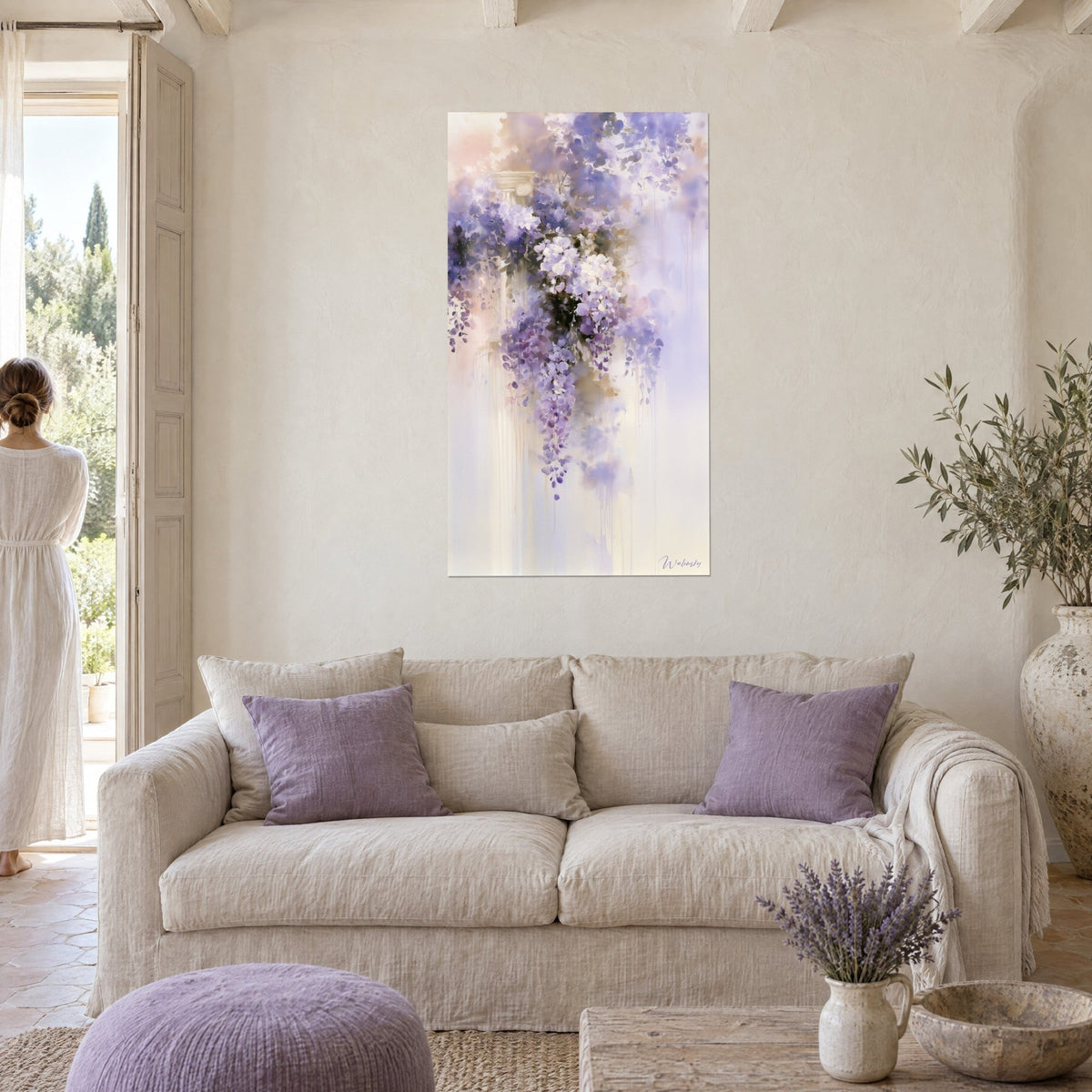 Wall art of cascading mauve and white wisteria over an antique column, watercolour drips, cream wall, above a sofa in a bright living room