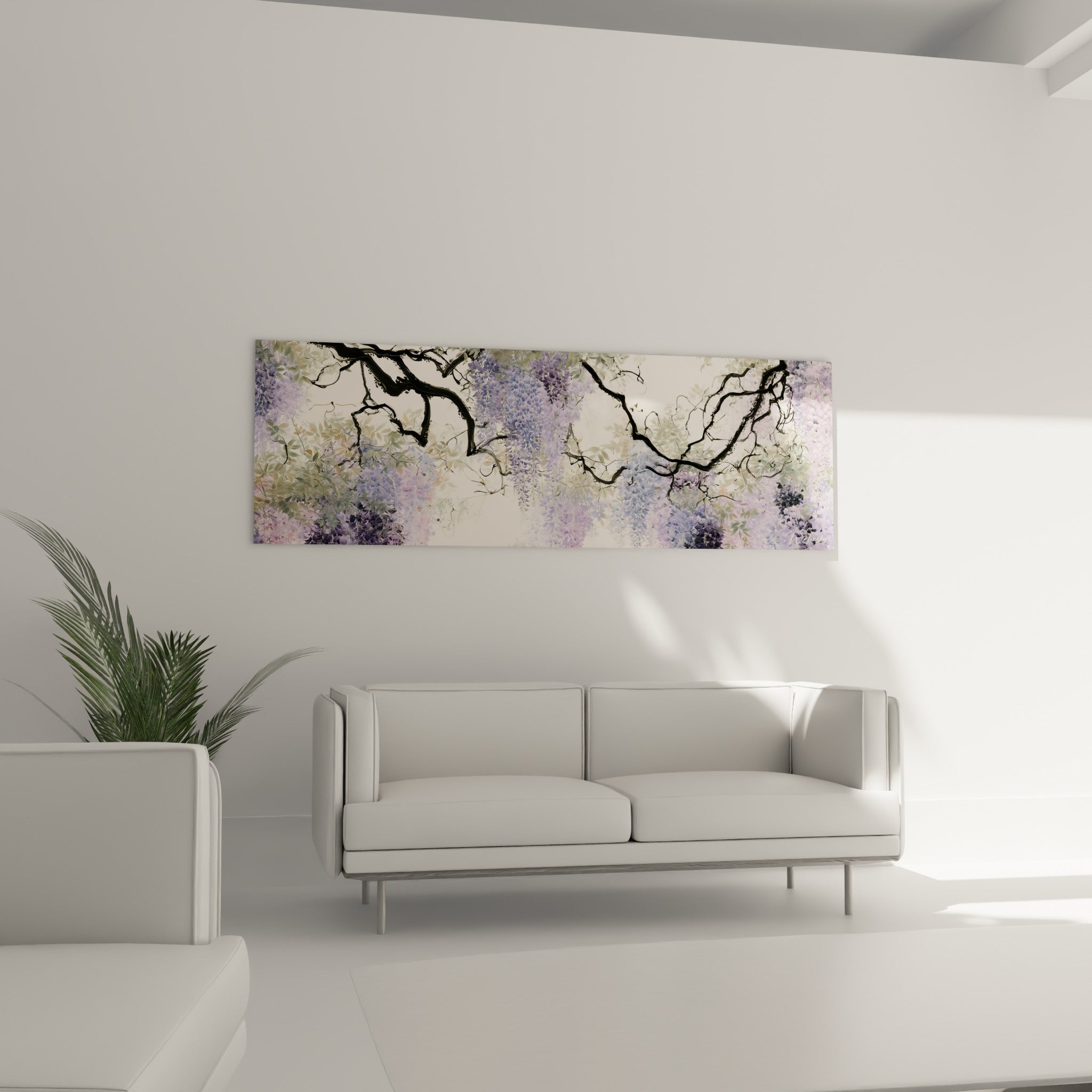 Grappes de glycine lavande et pourpre déployées au-dessus d'un canapé dans un salon lumineux