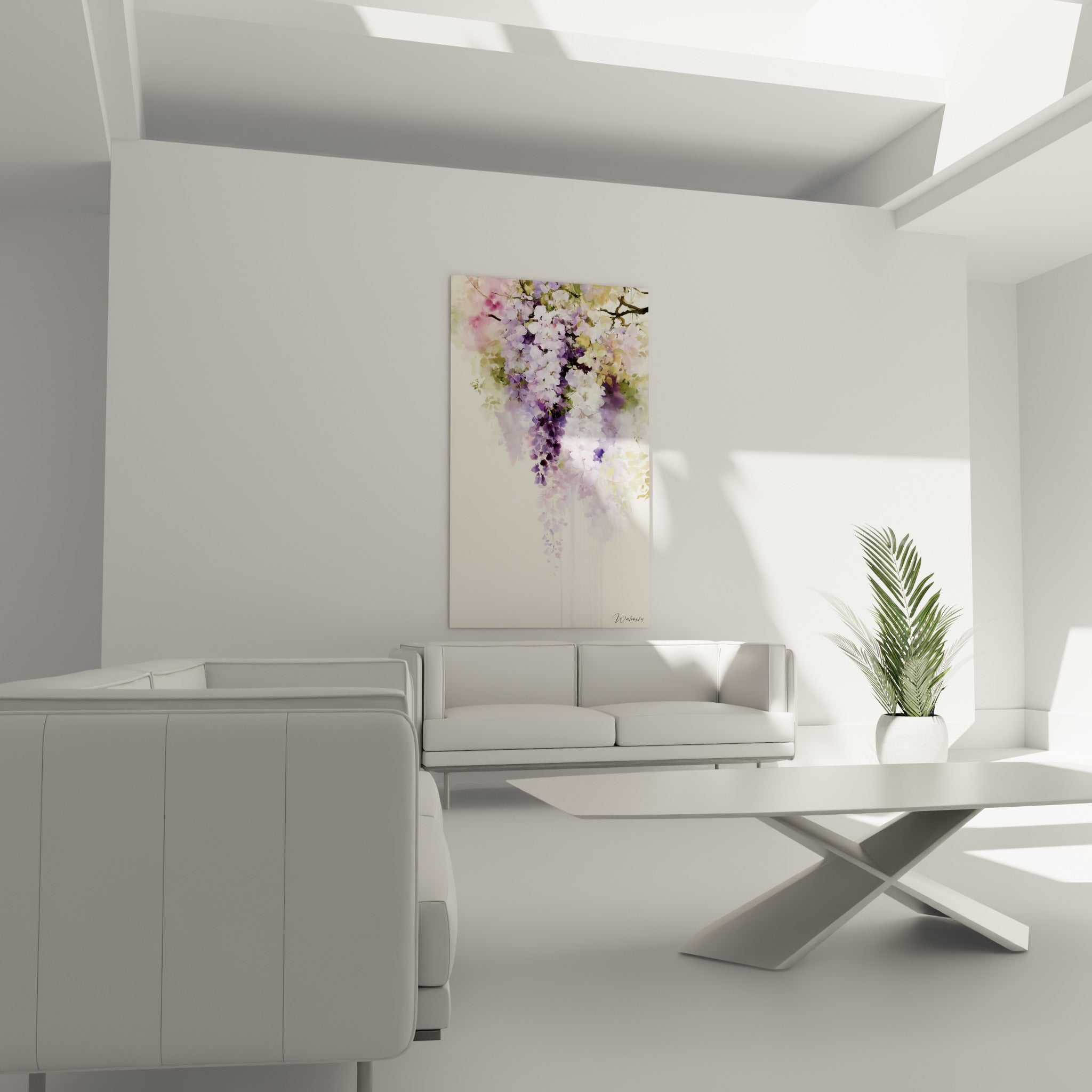 Grappes de glycine lavande et rose pâle placées au-dessus d'un canapé dans un salon lumineux