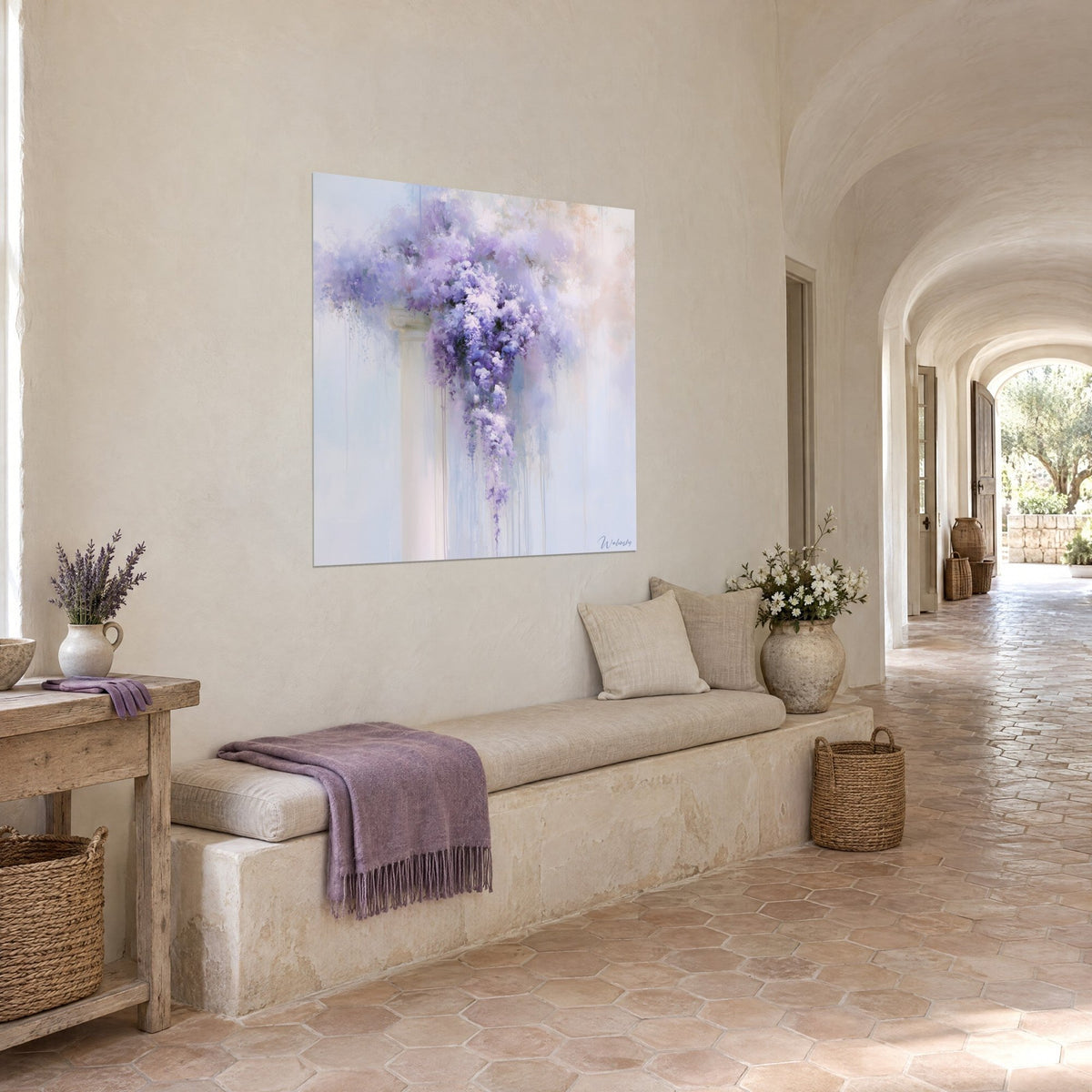 Wall art with cascading lilac and white flower clusters, cream column with bluish streaks, hung in the vaulted gallery of a Provençal farmhouse