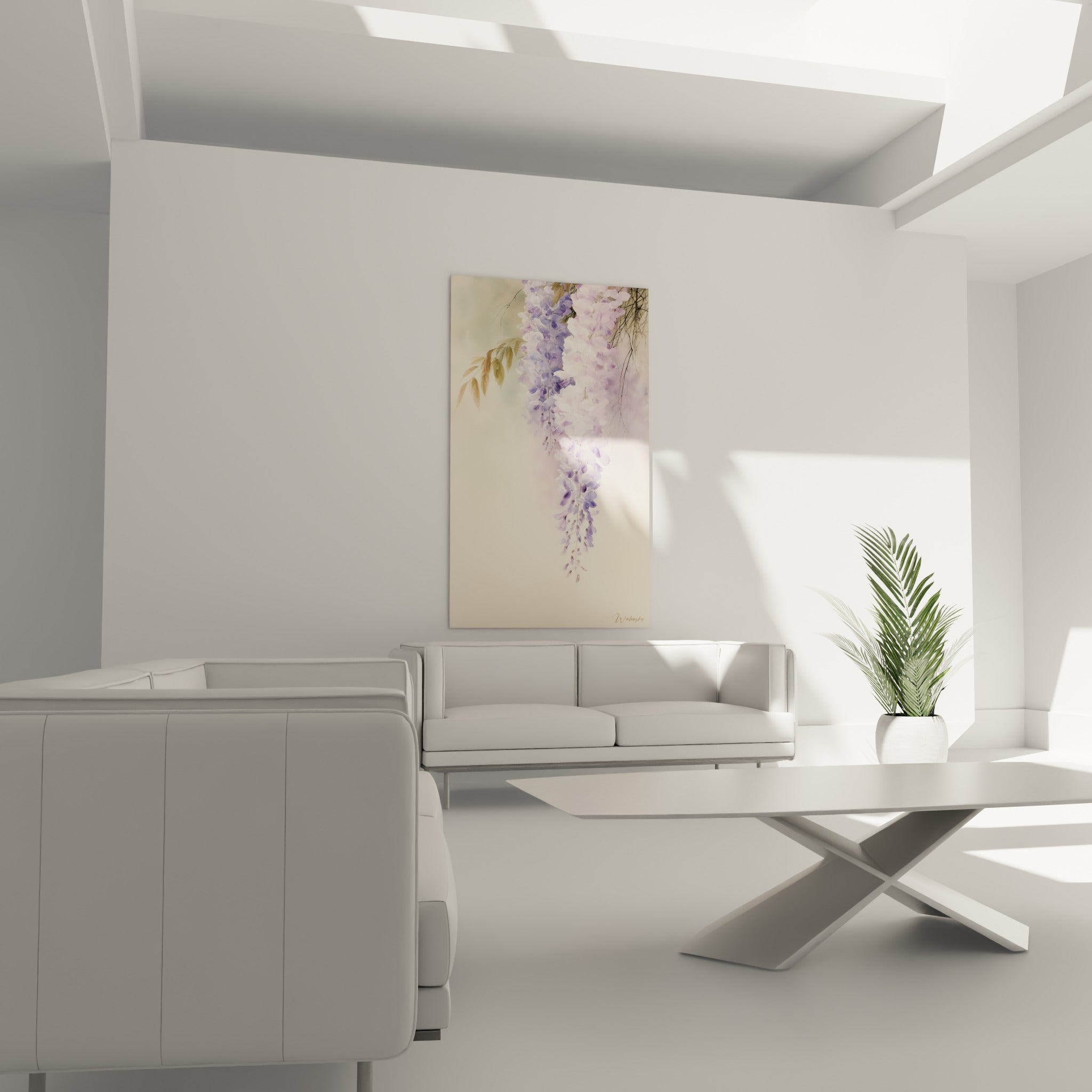 Grappe de glycine lilas et blanc en chute douce, au-dessus d'un canapé dans un salon lumineux