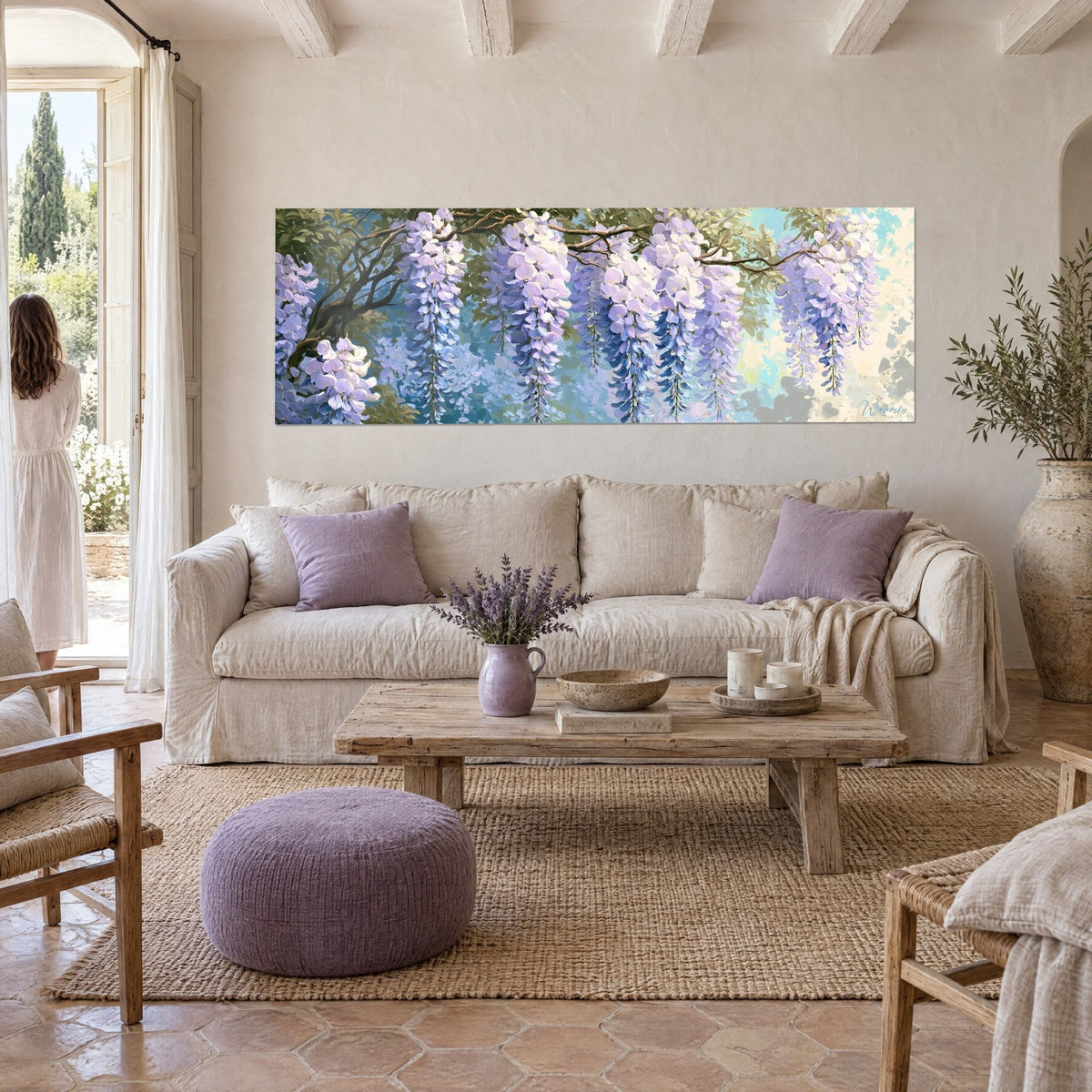 Wall art wisteria in purple and white clusters on a turquoise background, stretched branch, above a sofa in a bright living room