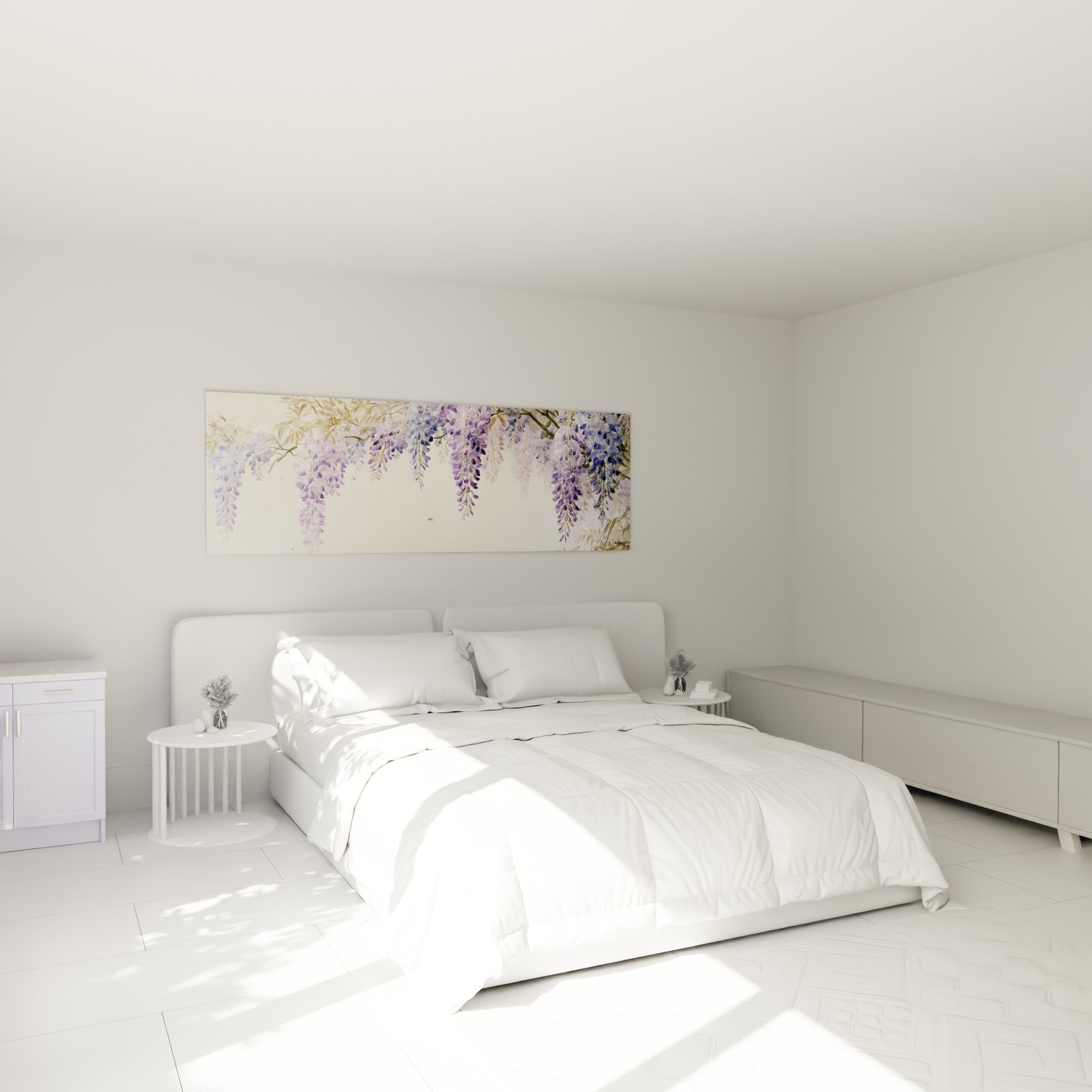 Grappes de glycine violette et lilas déployées au-dessus d'un lit dans une chambre claire