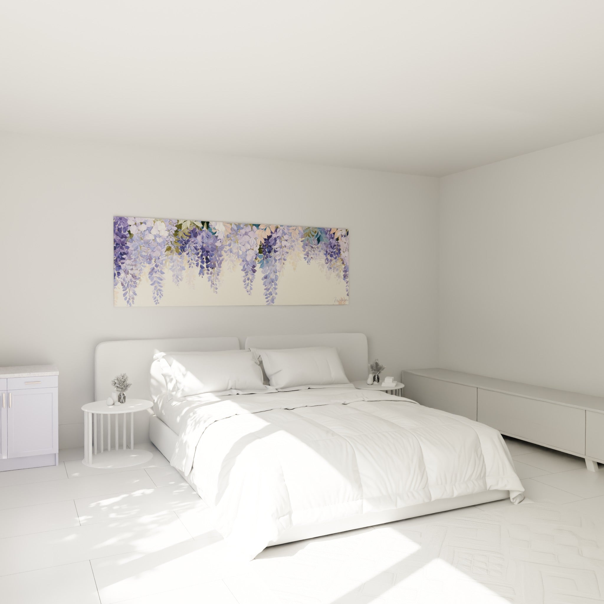 Grappes de glycine violette et bleu pastel au-dessus d'un lit dans une chambre claire