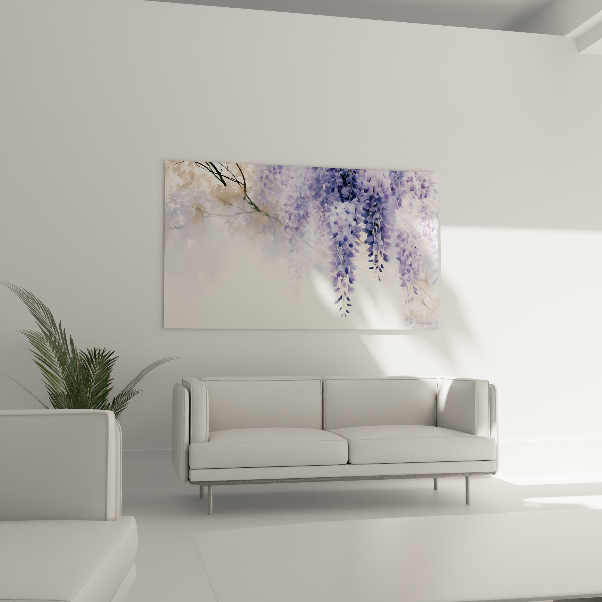 Grappes violettes de glycine peintes à l'aquarelle, au-dessus d'un canapé dans un salon lumineux