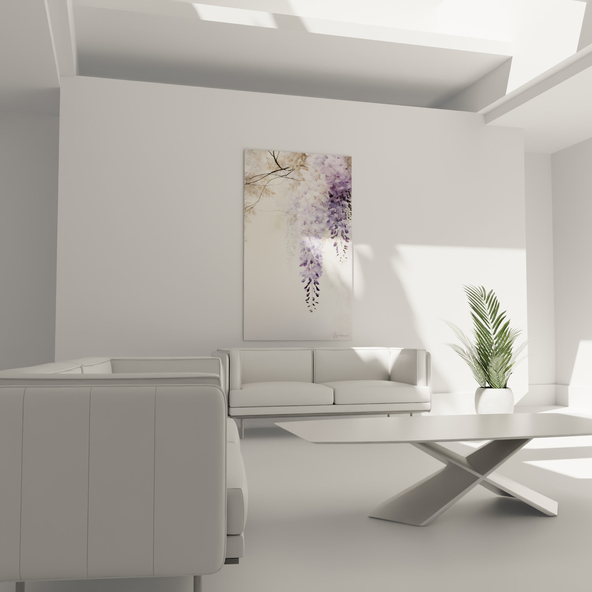 Fleurs de glycine violette et beige en cascade au-dessus d'un canapé dans un salon lumineux