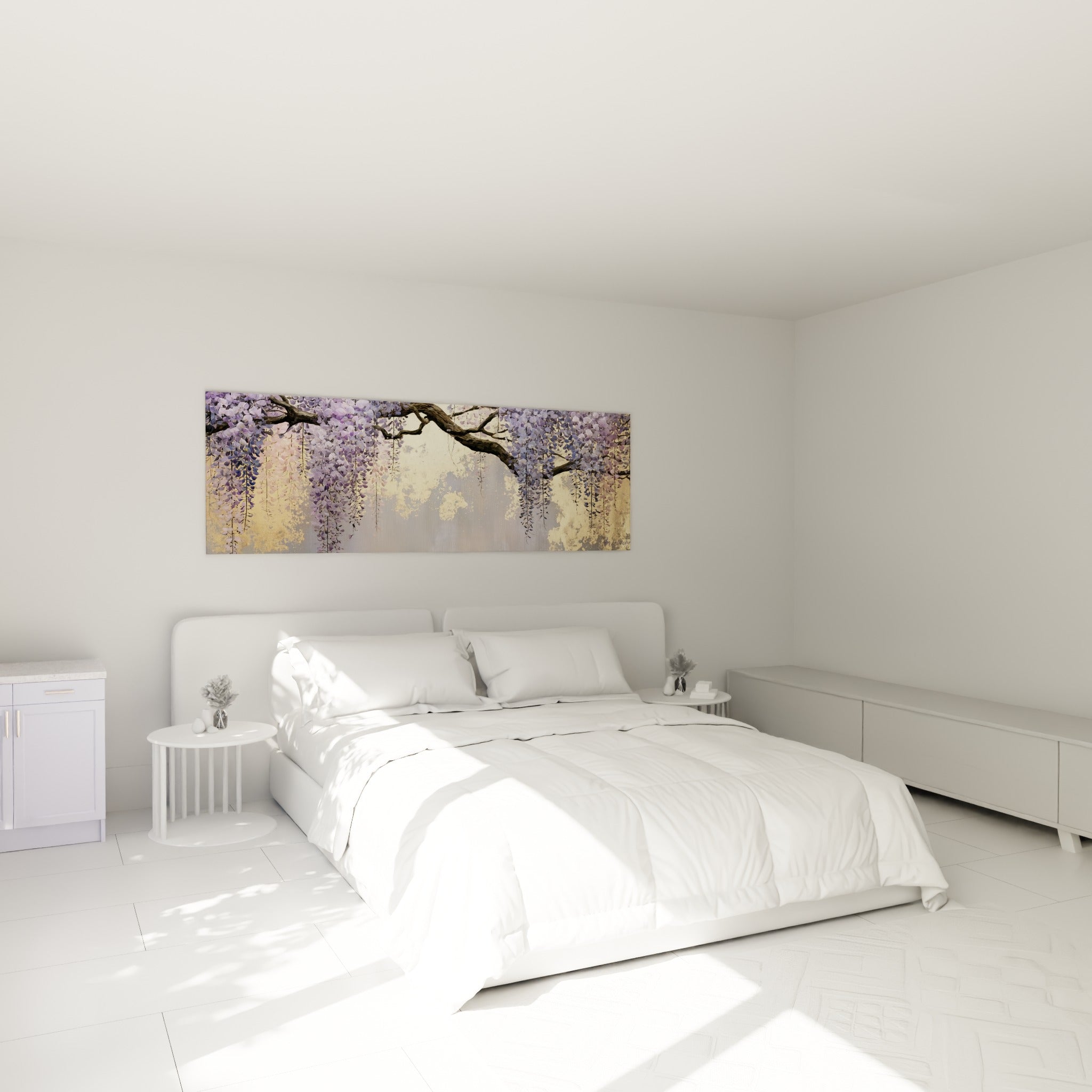Grappes de glycine mauve et dorée déployées au-dessus d'un lit dans une chambre claire